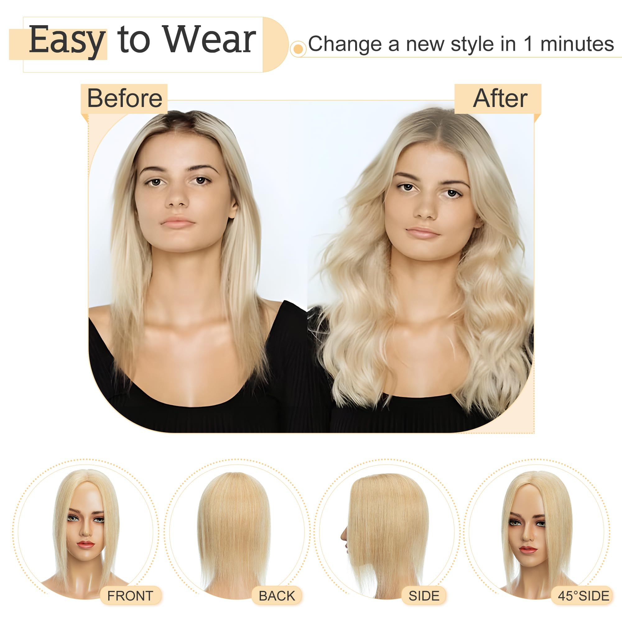SEGO 100% Real Human Hair Toppers for Women with Thinning Hair - 7x13cm Silk Base Clip-in Top Wiglet, 16 Inch No Bangs Natural Blonde | Perfect for Daily Wear, Parties & Special Occasions