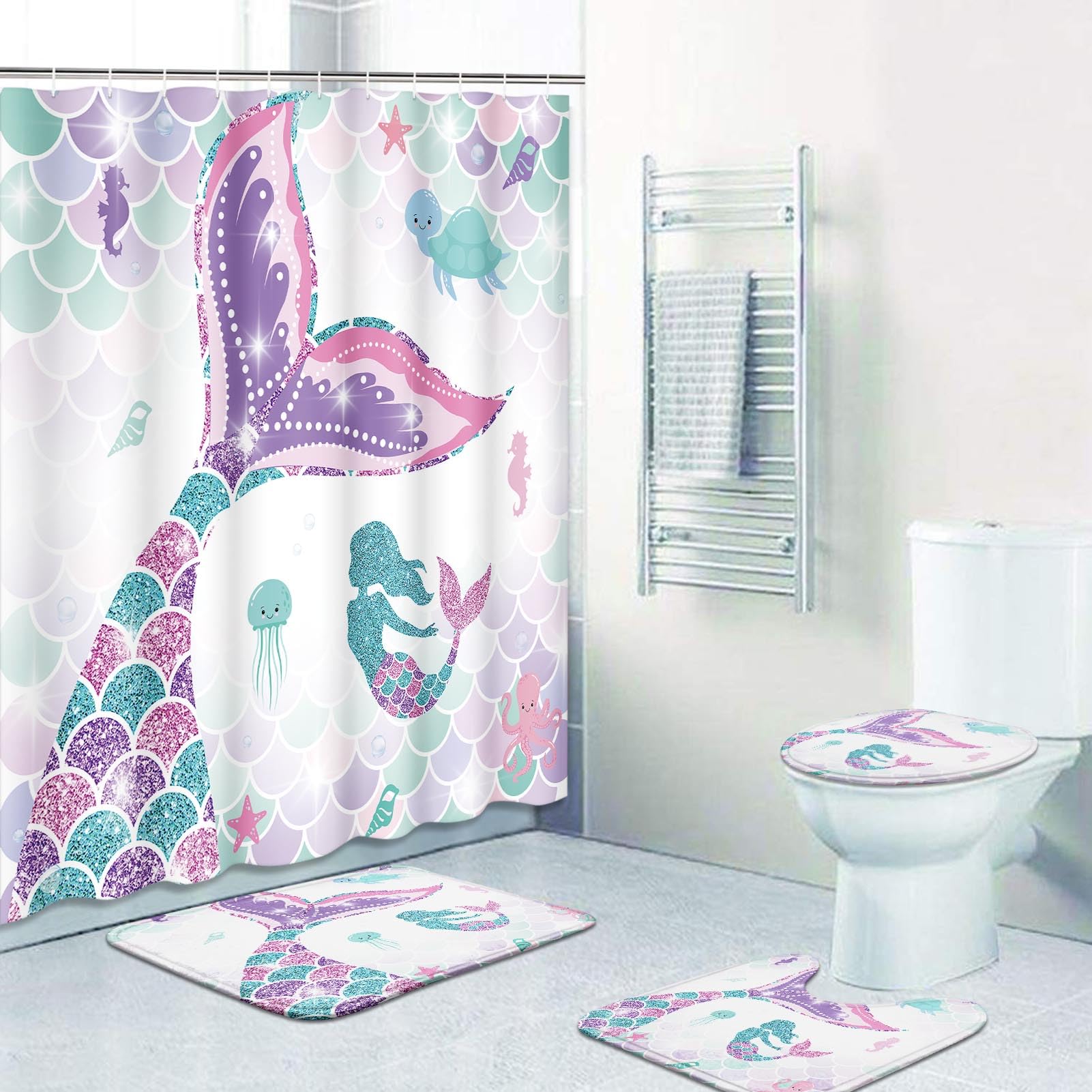 ArtSocket Pink Mermaid Tail Bathroom Set - 4 Piece Shower Curtain with Matching Rugs, Sea Turtle & Seahorse Design | Coastal Themed Bathroom Decor for Kids & Teens | Perfect for Beach House, Summer Vacation or Mermaid Lover's Bathroom