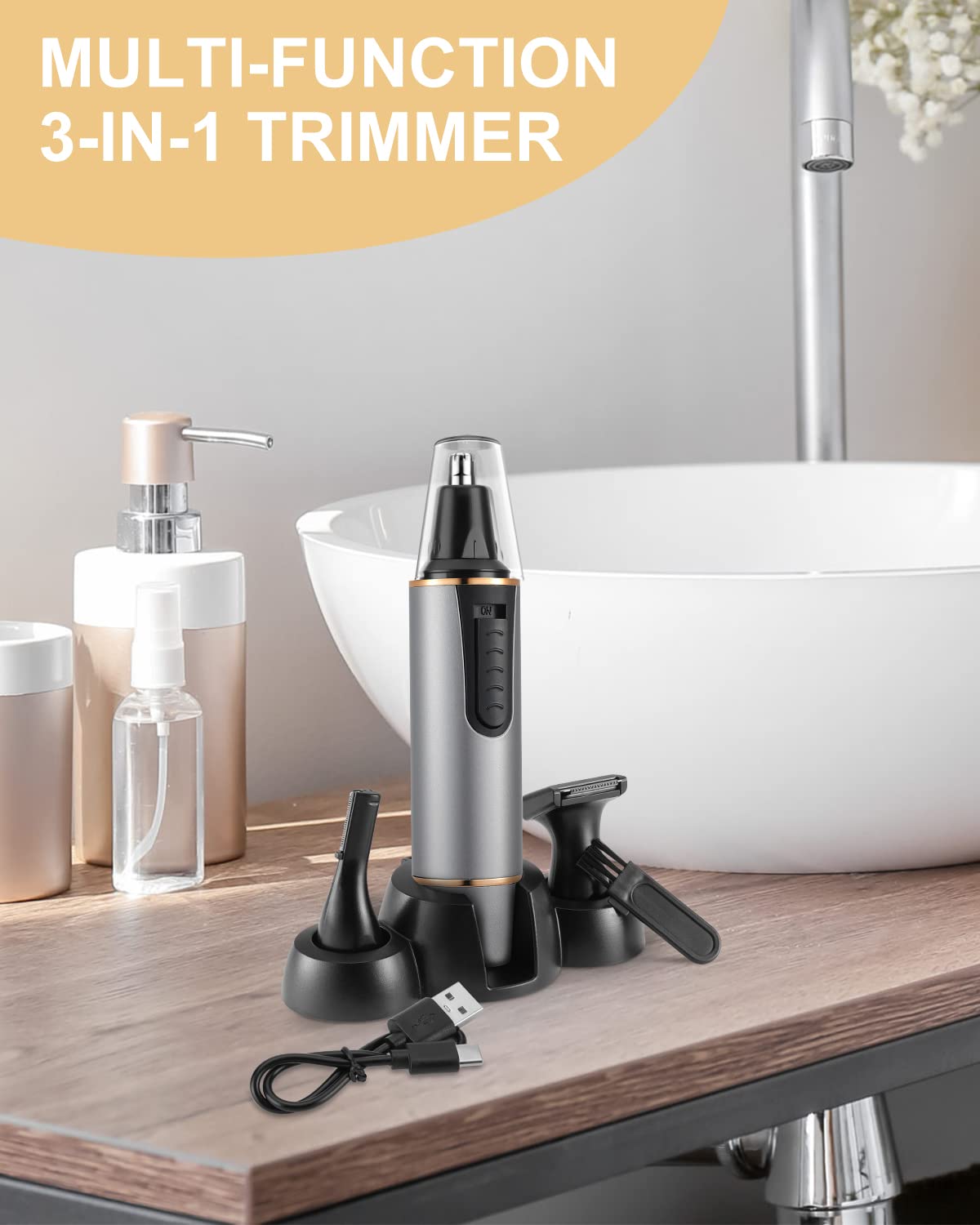 2024 Rechargeable Painless Nose Hair Trimmer for Men - Professional Dual Edge Blades with IPX7 Waterproof, Powerful Motor & Easy Cleaning (Grey Gold) - Perfect for Travel, Grooming Kits & Personal Care