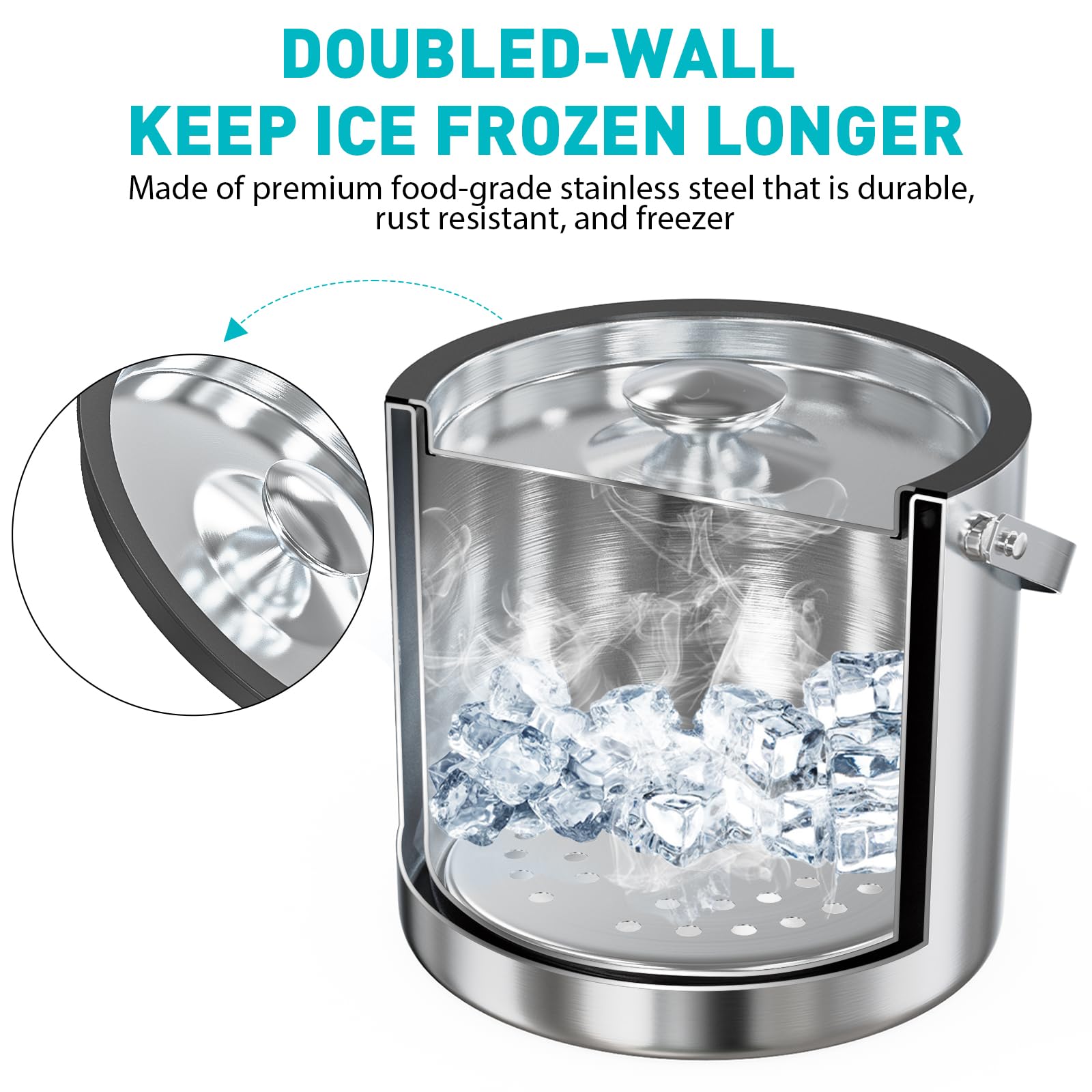 Premium 2.2L Double Wall Insulated Stainless Steel Ice Bucket with Lid & Scoop - Wine Chiller for Cocktails, Parties, Bars & Outdoor Entertaining
