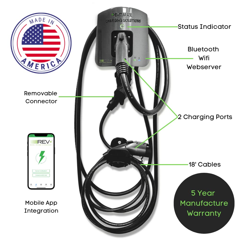 Revitalize REV+ Dual-Port Level 2 EV Charger - 50 Amp 240V Fast Smart Charger with Mobile App & 18ft Cable - Home & Commercial Electric Vehicle Charging Station