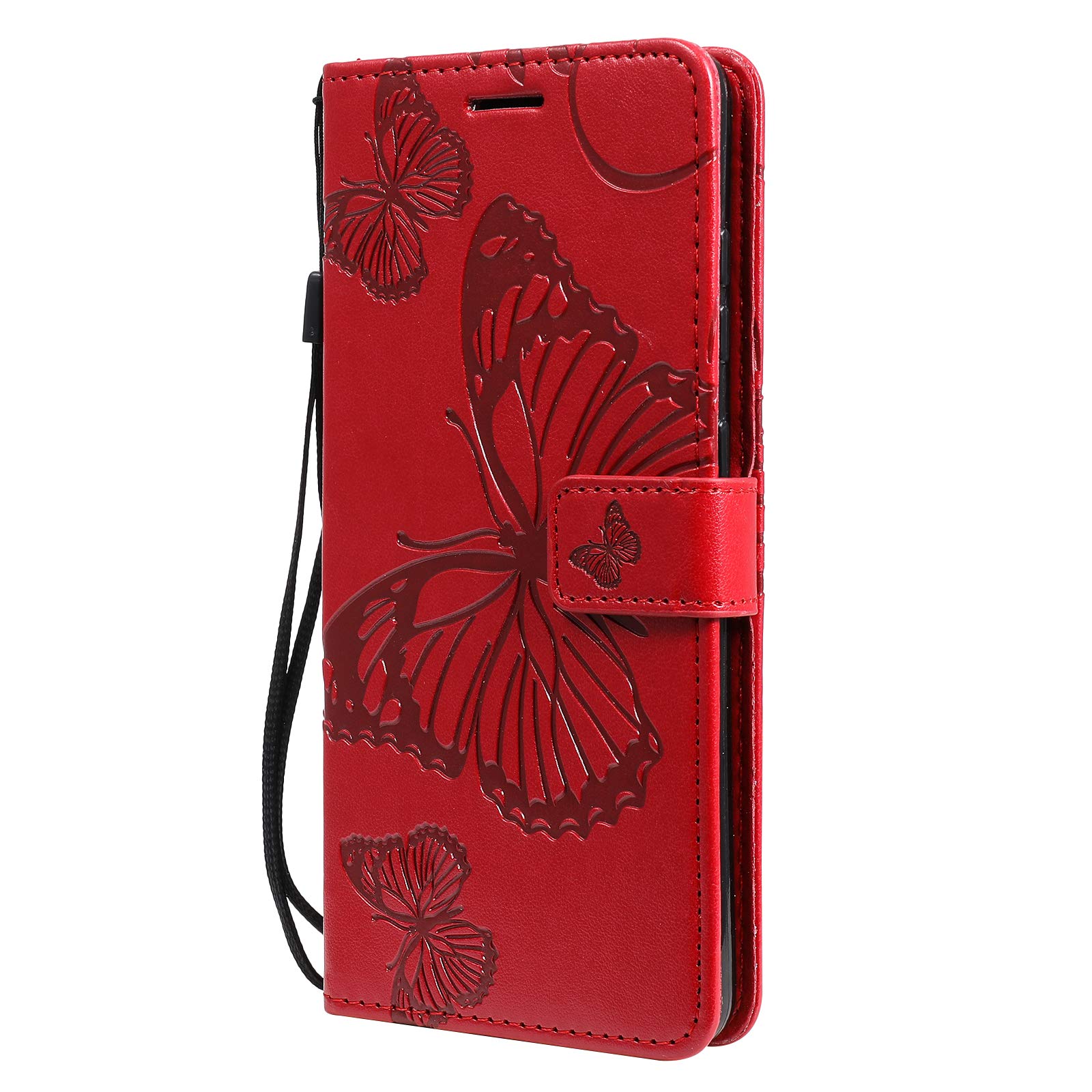 Premium PU Leather Wallet Case for iPhone 12 Pro Max - Embossed Butterfly Design with Credit Card Holder & Kickstand | Flip Folio Cover | Perfect for Business, Travel & Everyday Use (Red)