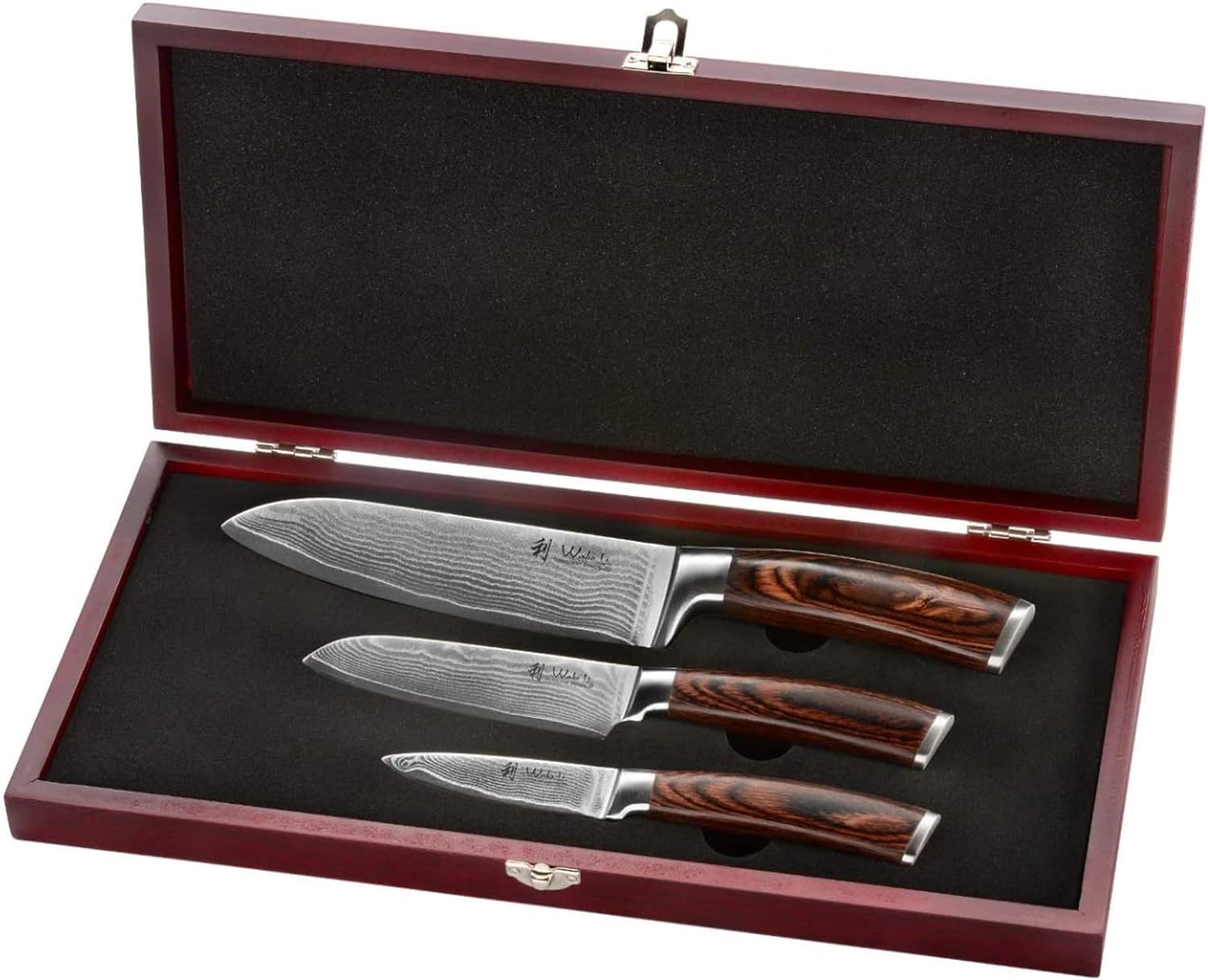 Wakoli Edib Damascus Knife Set 3PCS - Professional Chef Knives Japanese VG10 Steel with Pakkawood Handle, Kitchen Knife Set for Slicing, Dicing & Chopping | Perfect for Home Chefs & Culinary Enthusiasts | Elegant Wooden Gift Box