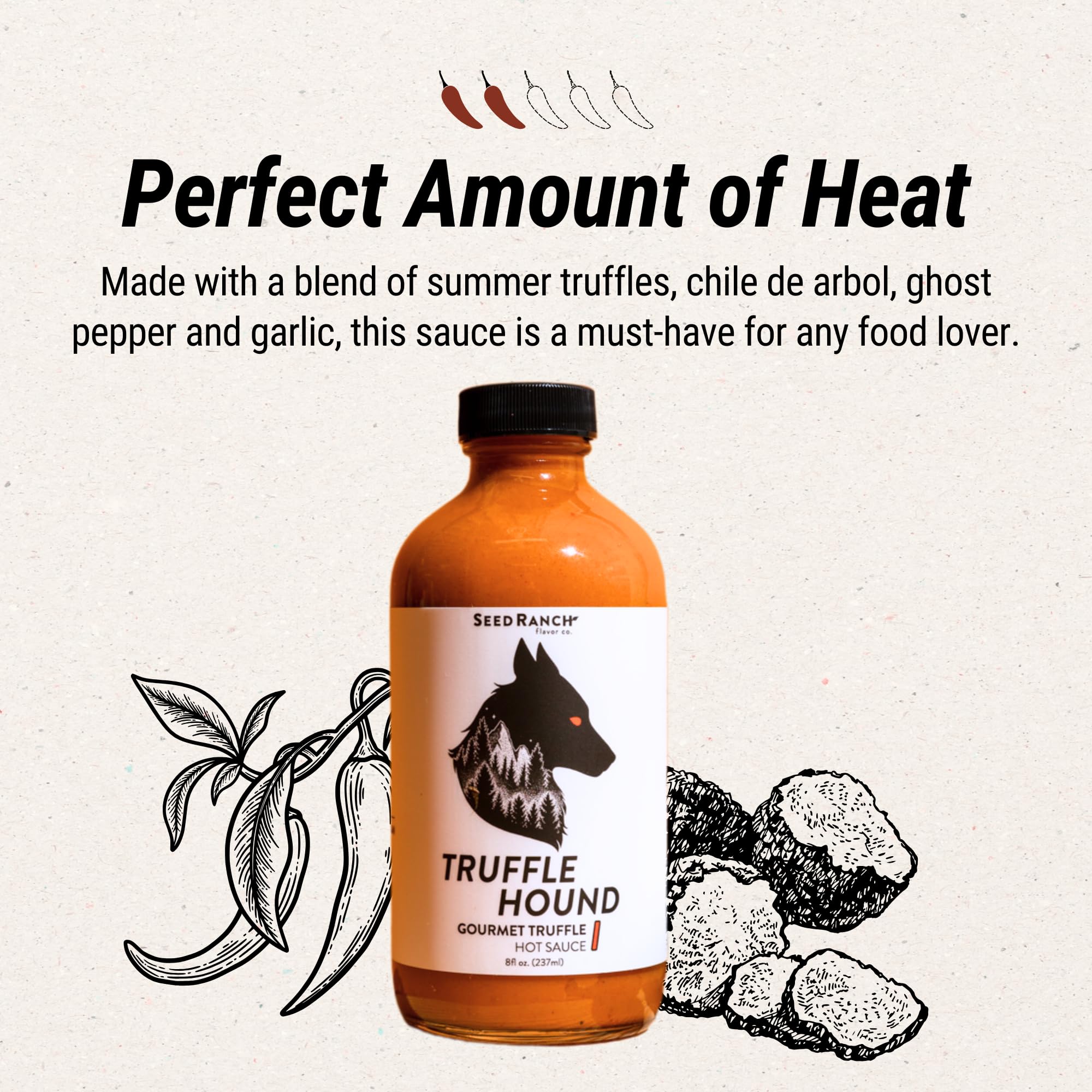 Seed Ranch Gourmet Truffle Hound Hot Sauce - Medium Heat Spicy Truffle Sauce with Chile de Arbol, Ghost Pepper & Garlic - Vegan, Non-GMO Hot Sauce for Pasta, Pizza, Wings & Burgers - Perfect for Cooking, Grilling & Dipping