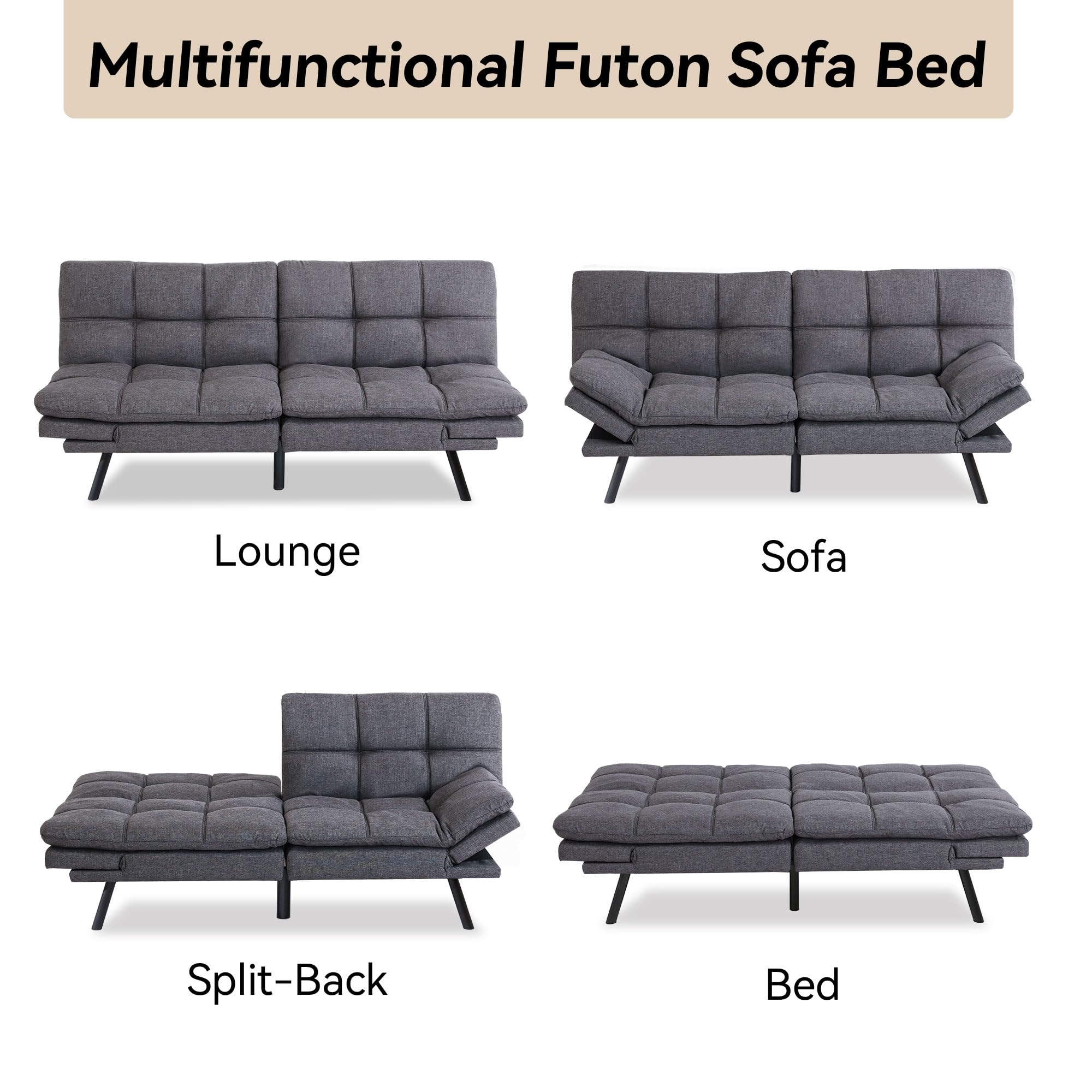 Convertible Futon Sofa Bed with Memory Foam - Modern Splitback Loveseat Sleeper Couch in Linen Fabric for Small Spaces, Living Room, Office & Apartment - Dark Grey | Perfect for Guest Rooms, Studio Apartments and Multi-Functional Spaces
