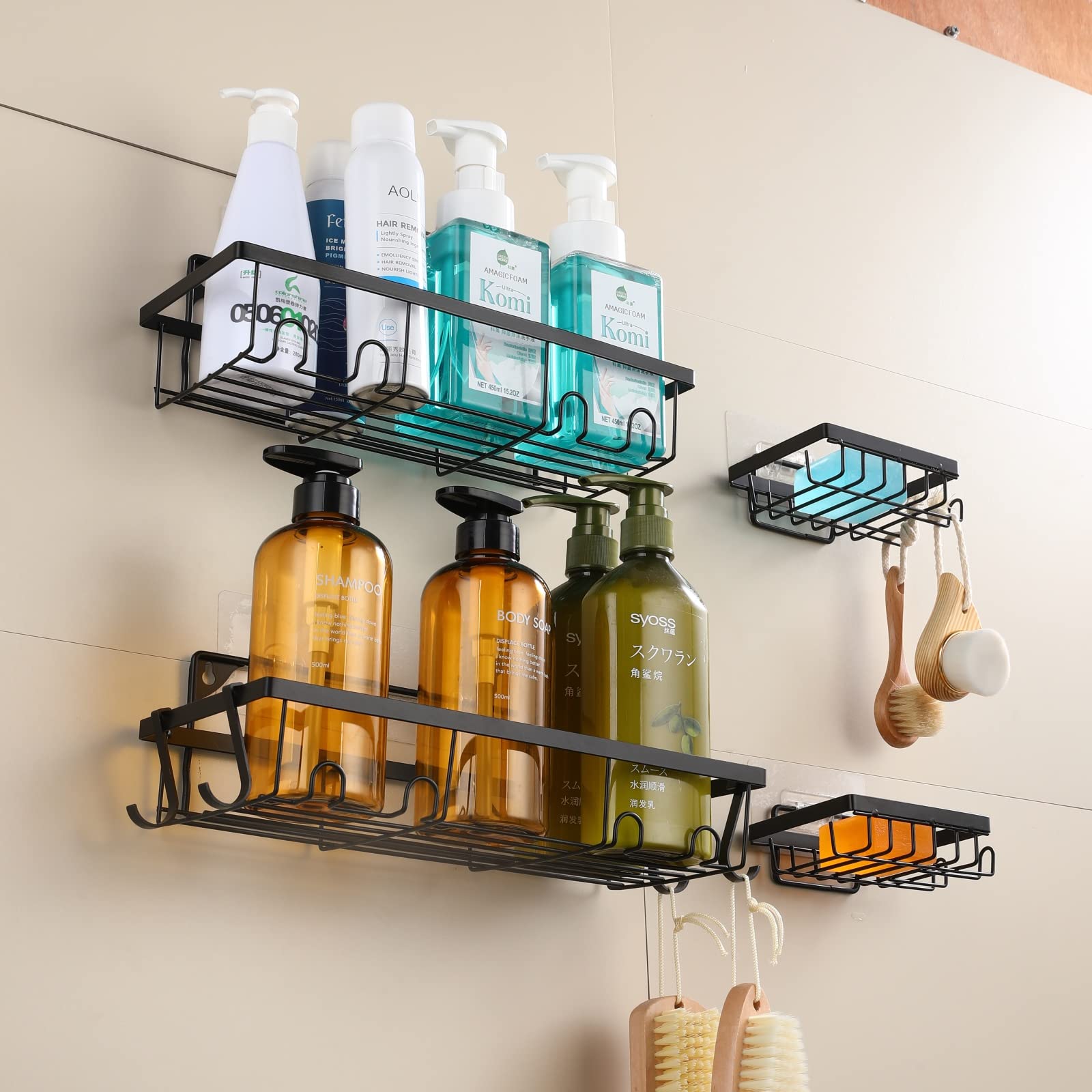 Adhesive Shower Caddy Organizer - Wall Mount Bathroom Storage Shelf with 2 Soap Dishes, Rustproof Shower Basket for Shampoo, Conditioner & Body Wash - Perfect for Small Showers & Apartment Bathrooms (Black)