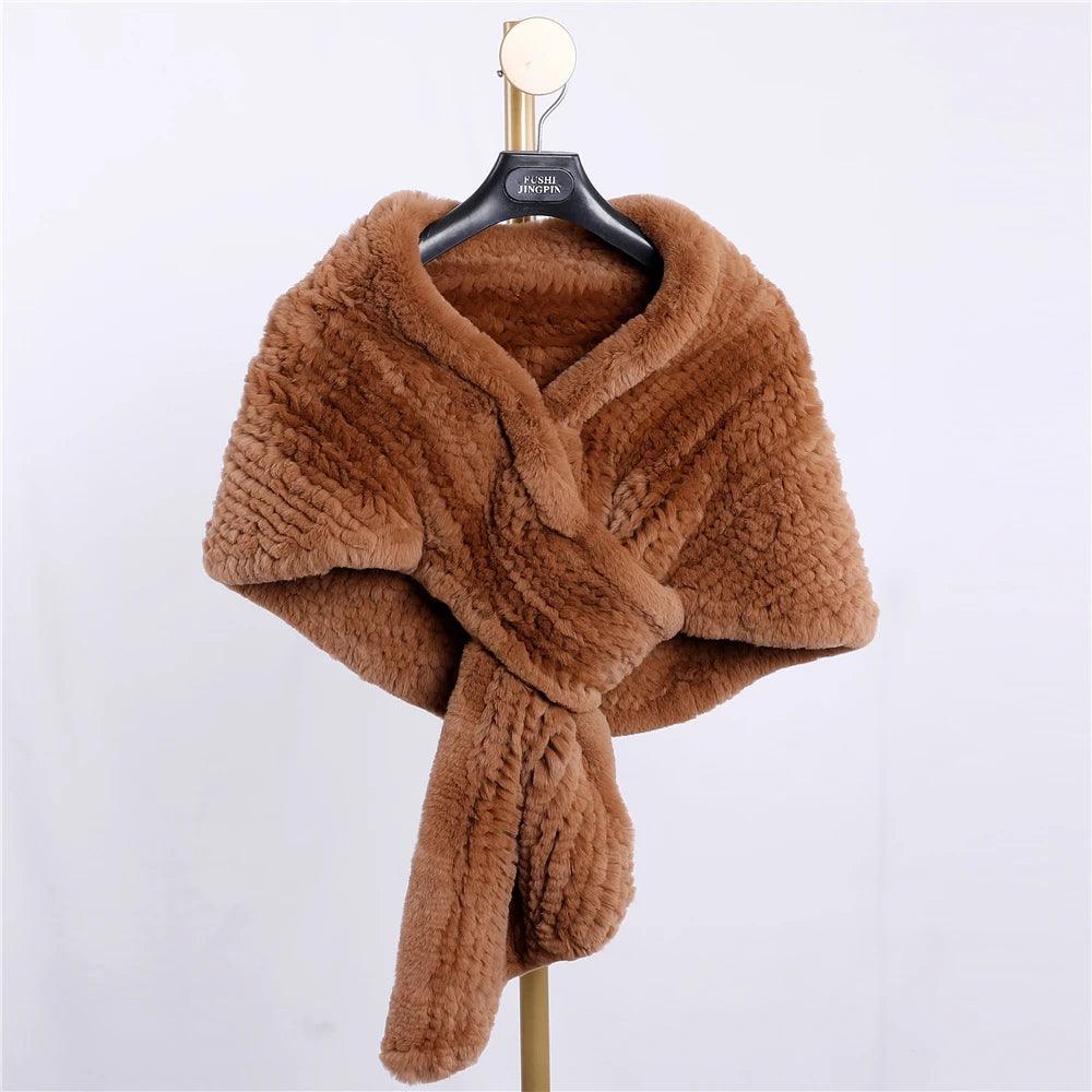 Luxury Hand-Knitted Women's Winter Rex Rabbit Fur Cape Shawl - Warm Elegant Wrap for Cold Weather, Parties & Special Occasions