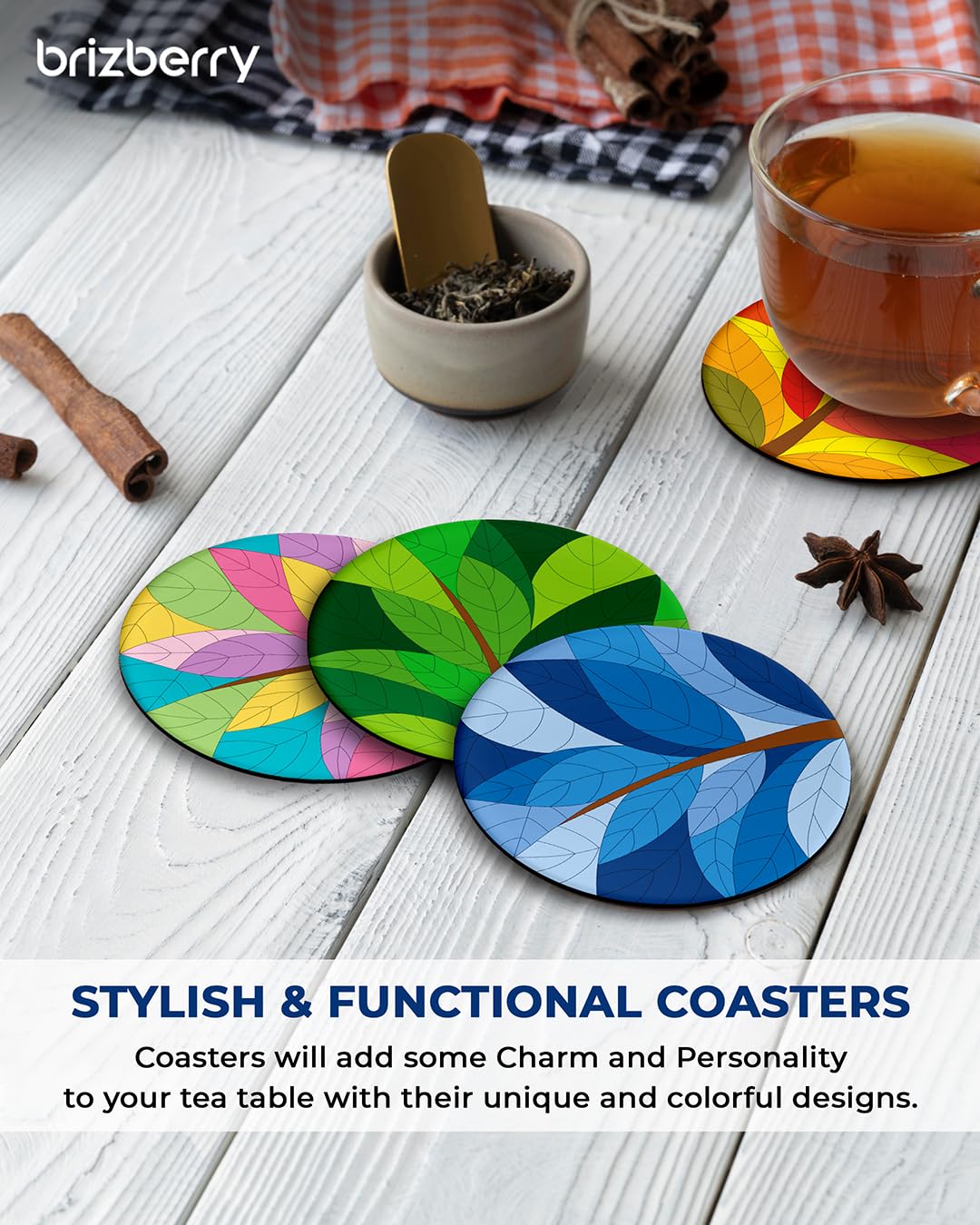 Premium Round Wooden Coasters Set of 4 - Vibrant Leaf Print, 3.5x3.5 Inch - Perfect for Coffee Mugs, Tea Cups & Glasses - Elegant Home Decor for Dining Table, Office Desk or Gift Giving