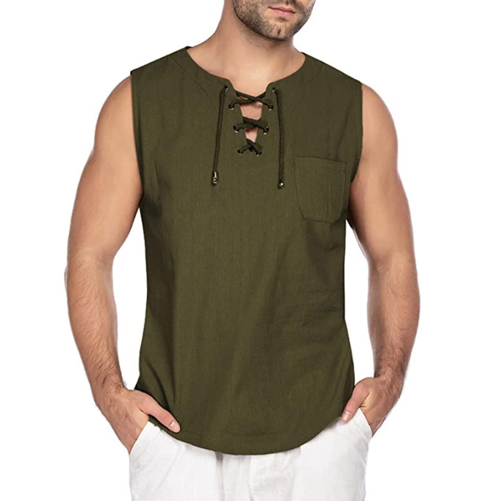 Zicth Men's Strapless Cotton Linen Tank Top - Breathable Sleeveless Workout Shirt, Body Shaper Vest for Gym, Fitness & Sports (Army Green) | Perfect for Running, Weightlifting & Summer Outdoor Activities