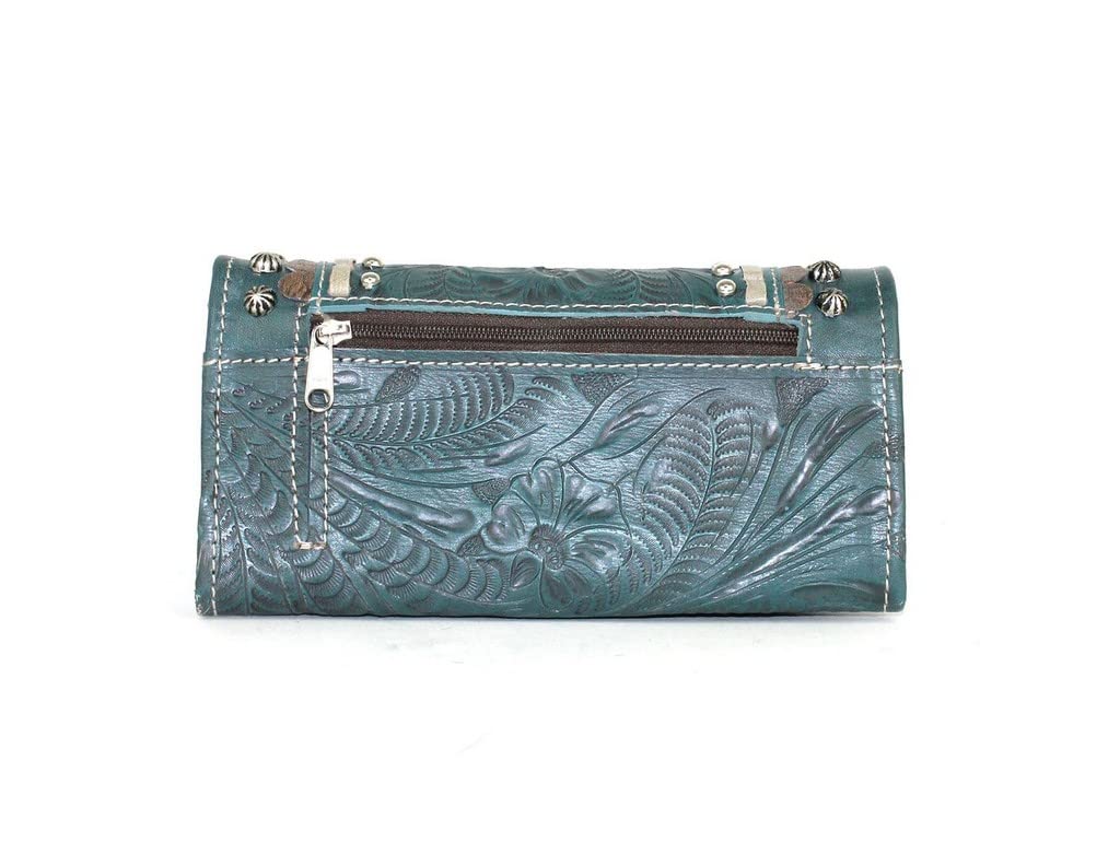 American West Leather Blue Ridge Tri-Fold Wallet for Women - Turquoise Genuine Leather RFID Blocking - Perfect for Travel, Everyday Use & Gift Giving