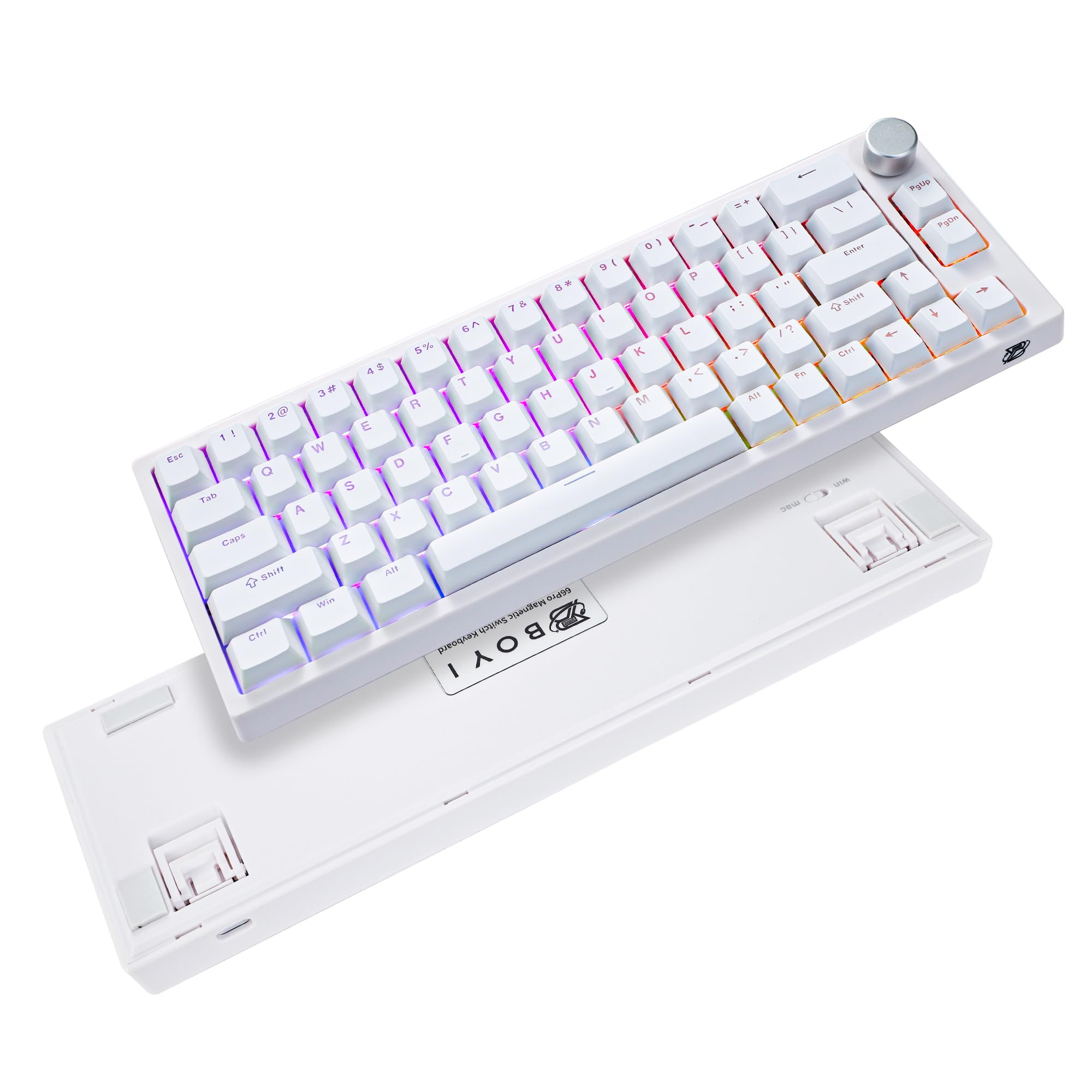 BOYI 66Pro Hall Effect Magnetic Switch 65% Compact Mechanical Gaming Keyboard - Rapid Trigger, RGB Backlit, Hot-Swappable, Adjustable Actuation, Gasket-Mounted, Wired with Volume Knob (White) - Perfect for Competitive Gaming, Typing & Office Work