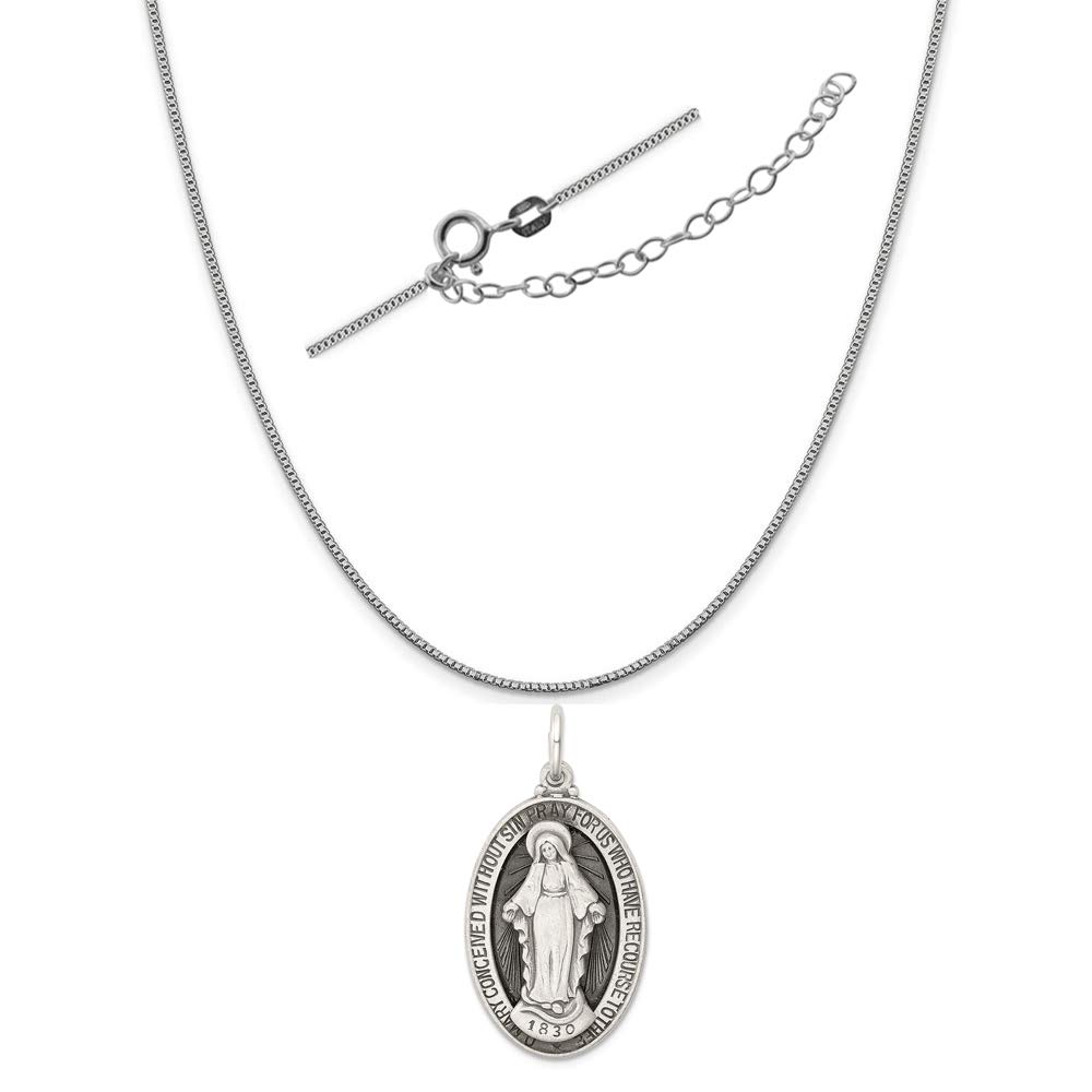 Antique Sterling Silver Miraculous Medal Charm Necklace - Adjustable 18