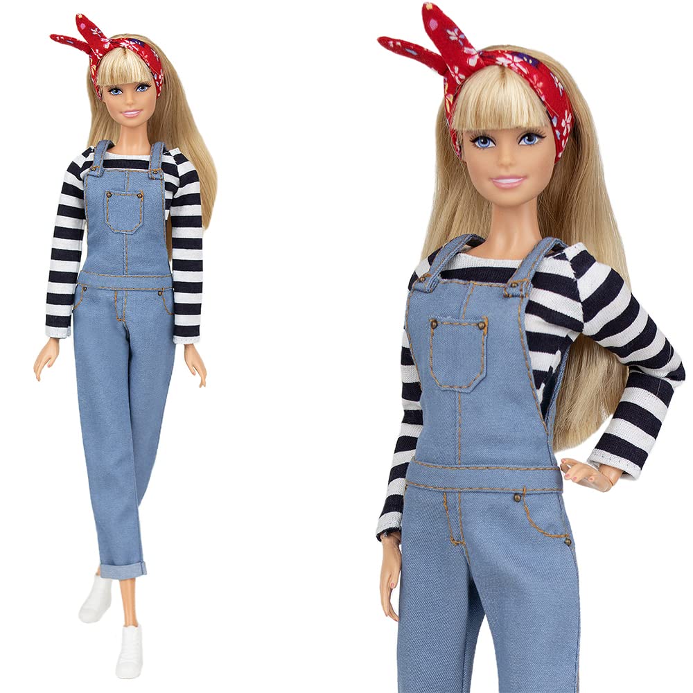 Elenpriv Denim Jumpsuit with Singlet Top & Bandana - Fashion Outfit for 11.5 Inch Dolls | Stylish Doll Clothes for Playtime, Collecting & Photoshoots