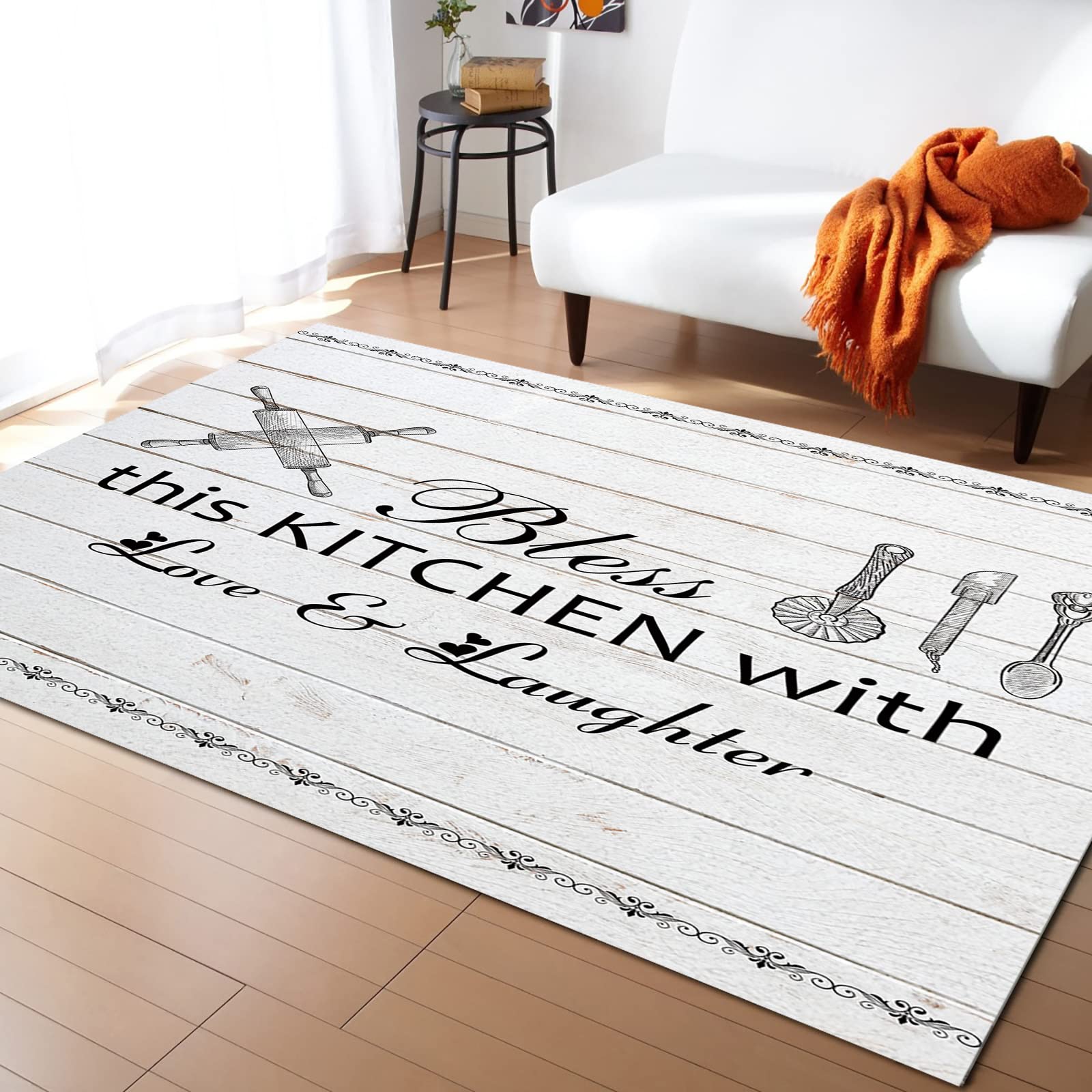 3'x5' Non-Slip Farmhouse Area Rug - Kitchen Utensils Design, Soft Carpet Runner for Bedroom, Living Room & Kids Room | Perfect Floor Cover Mat for Home Decor | Bless This Kitchen Wooden Pattern | Ideal for Cozy Spaces, Entryways & Dorm Rooms