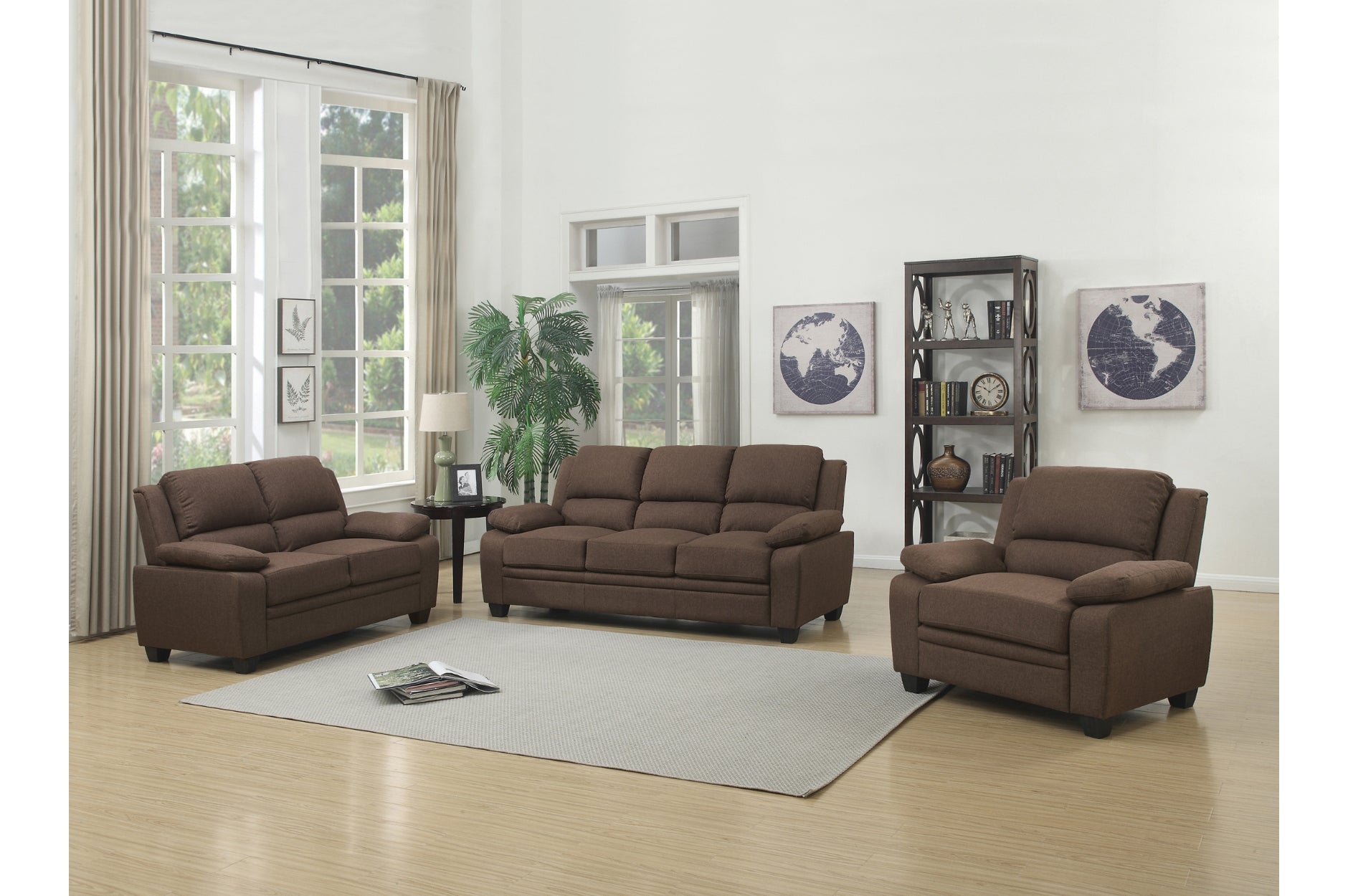 Luxury Brown Fabric Sofa Set with High Back & Arm Pillows - Modern Living Room Furniture for Home Decor & Relaxation
