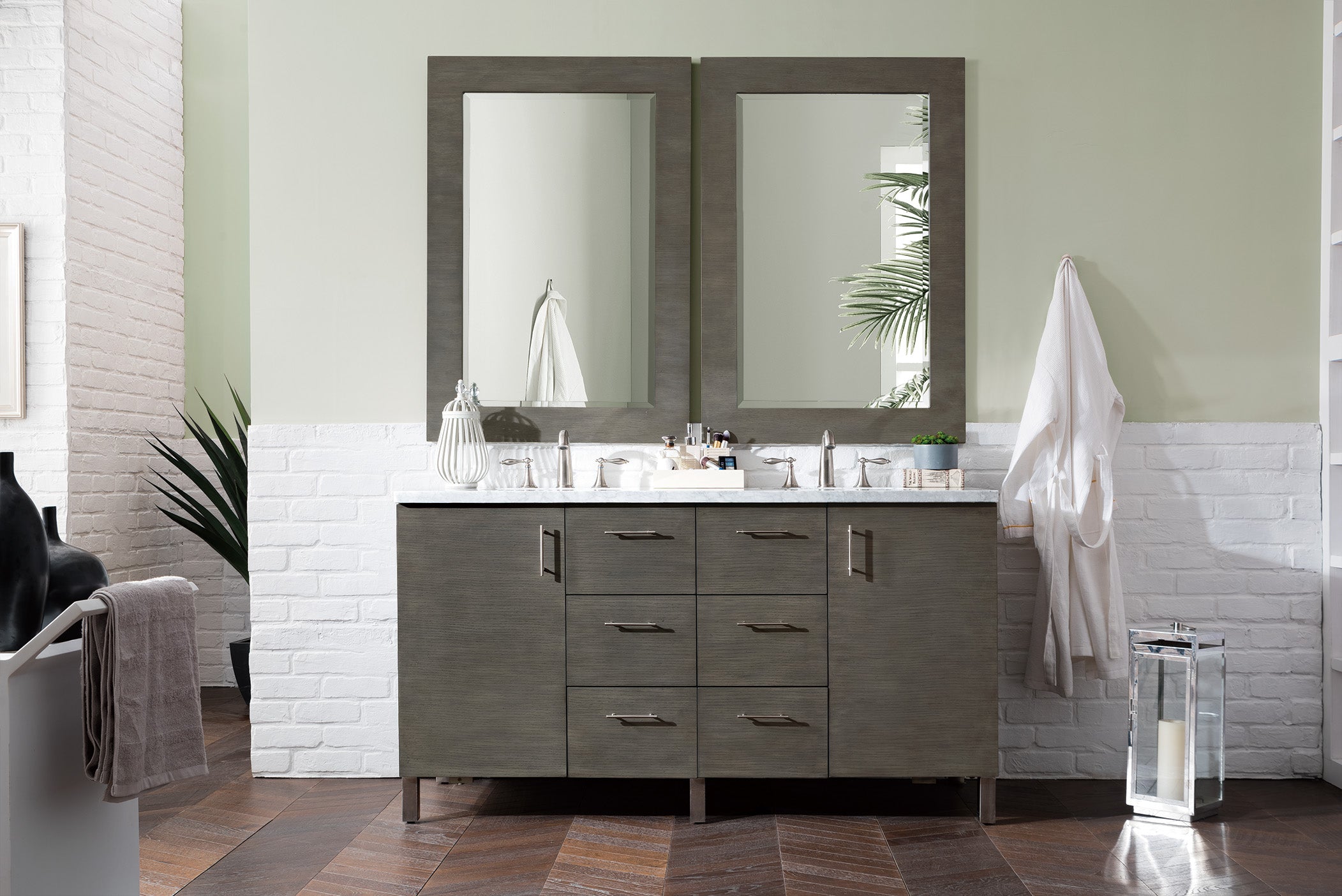 Metropolitan 60-Inch Silver Oak Double Bathroom Vanity with 3CM Carrara Marble Top - Luxurious Modern Bathroom Furniture for Master Suite & Guest Bath Renovation