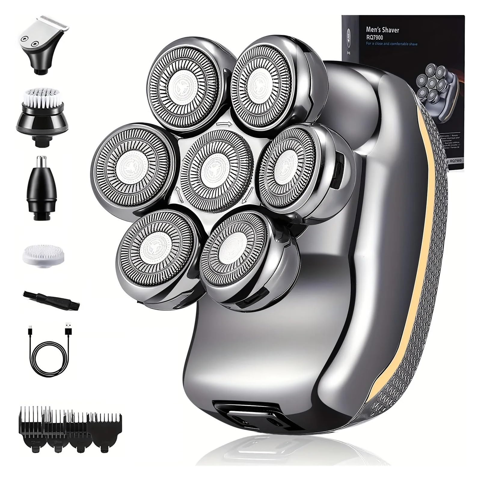 Rechargeable Electric Head Shaver for Men - 6-in-1 Waterproof Cordless Bald Head Shaver & Beard Trimmer Kit - Wet/Dry Use for Smooth Shaving at Home, Travel & Gym