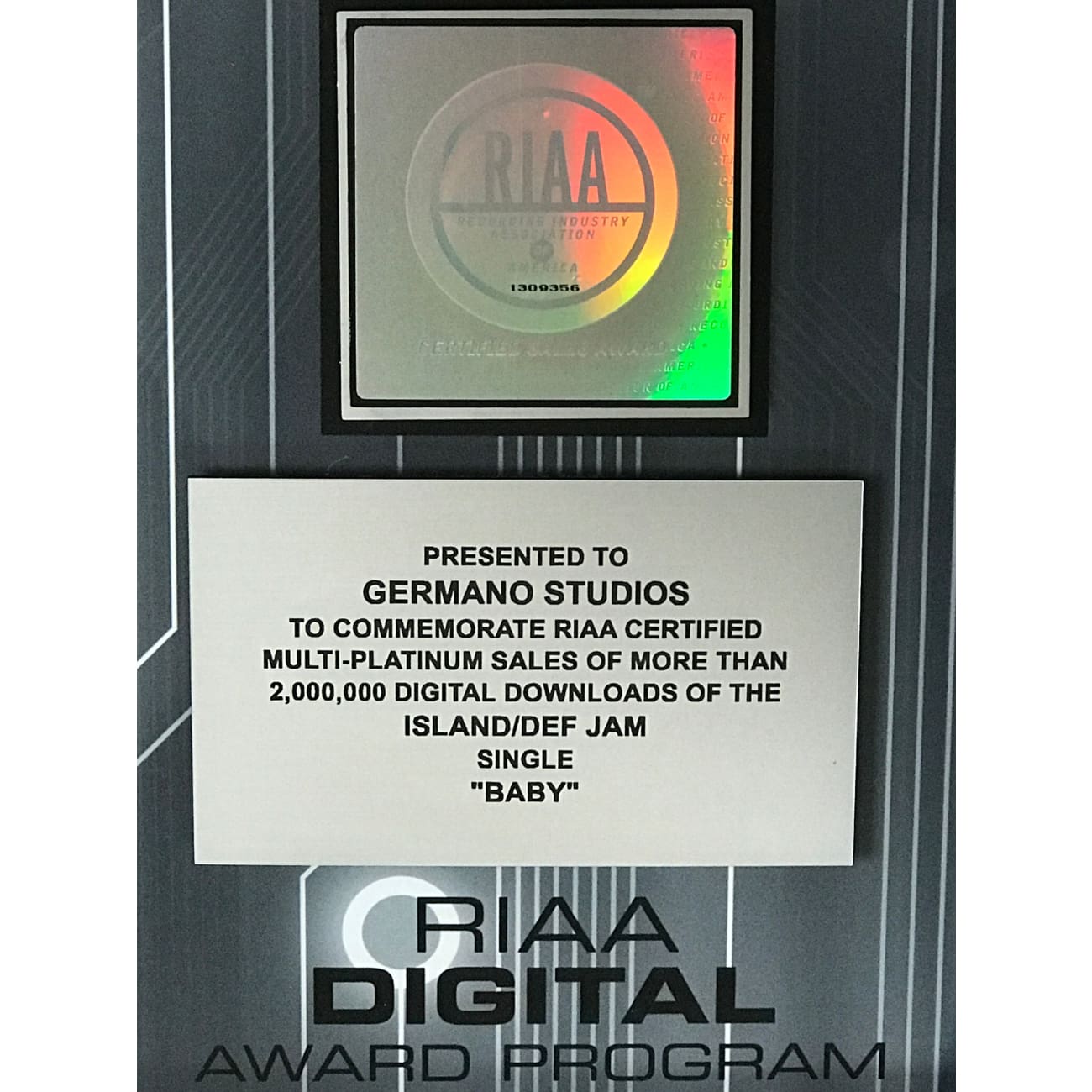 Justin Bieber ft. Ludacris - Baby RIAA Certified Digital Single Award - Perfect for Music Collectors & Memorabilia Displays