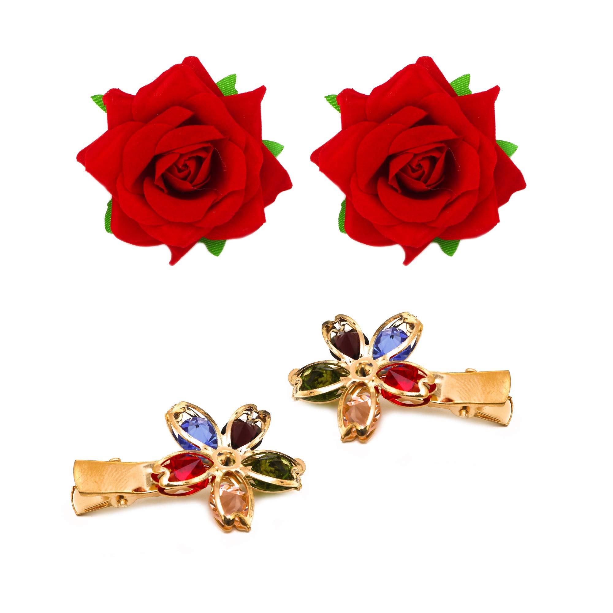 Paradise® Women's Floral Hair Clips Set - 2 Red Flower & 2 Multicolor Tic-Tac Hairpins for Girls, Teens & Kids | Perfect for Weddings, Parties & Everyday Wear
