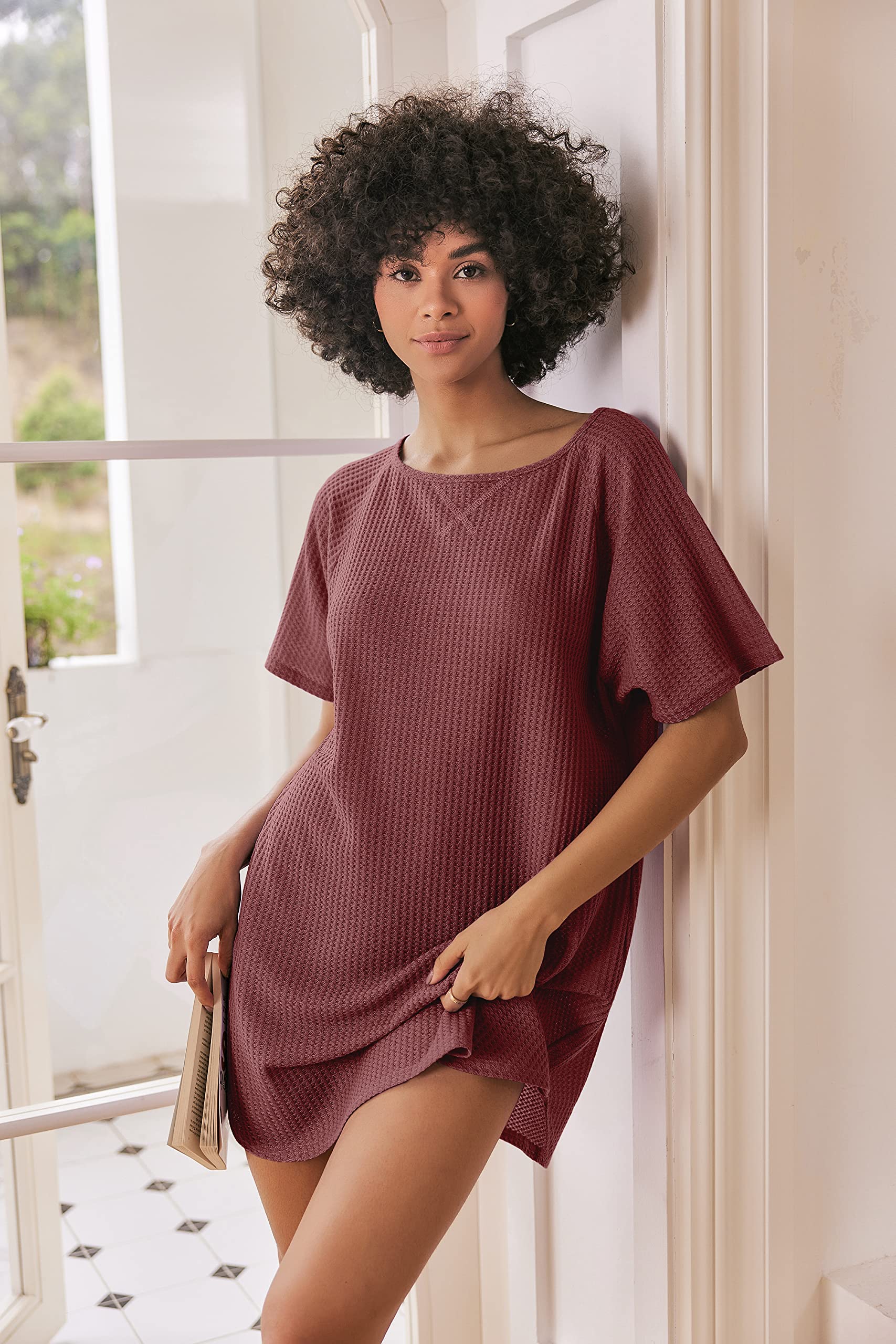 Ekouaer Women's Waffle Knit Short Sleeve Sleepshirt - Soft Casual Nightgown & Lounge T-Shirt for Sleeping, Homewear, and Comfortable Cover Ups