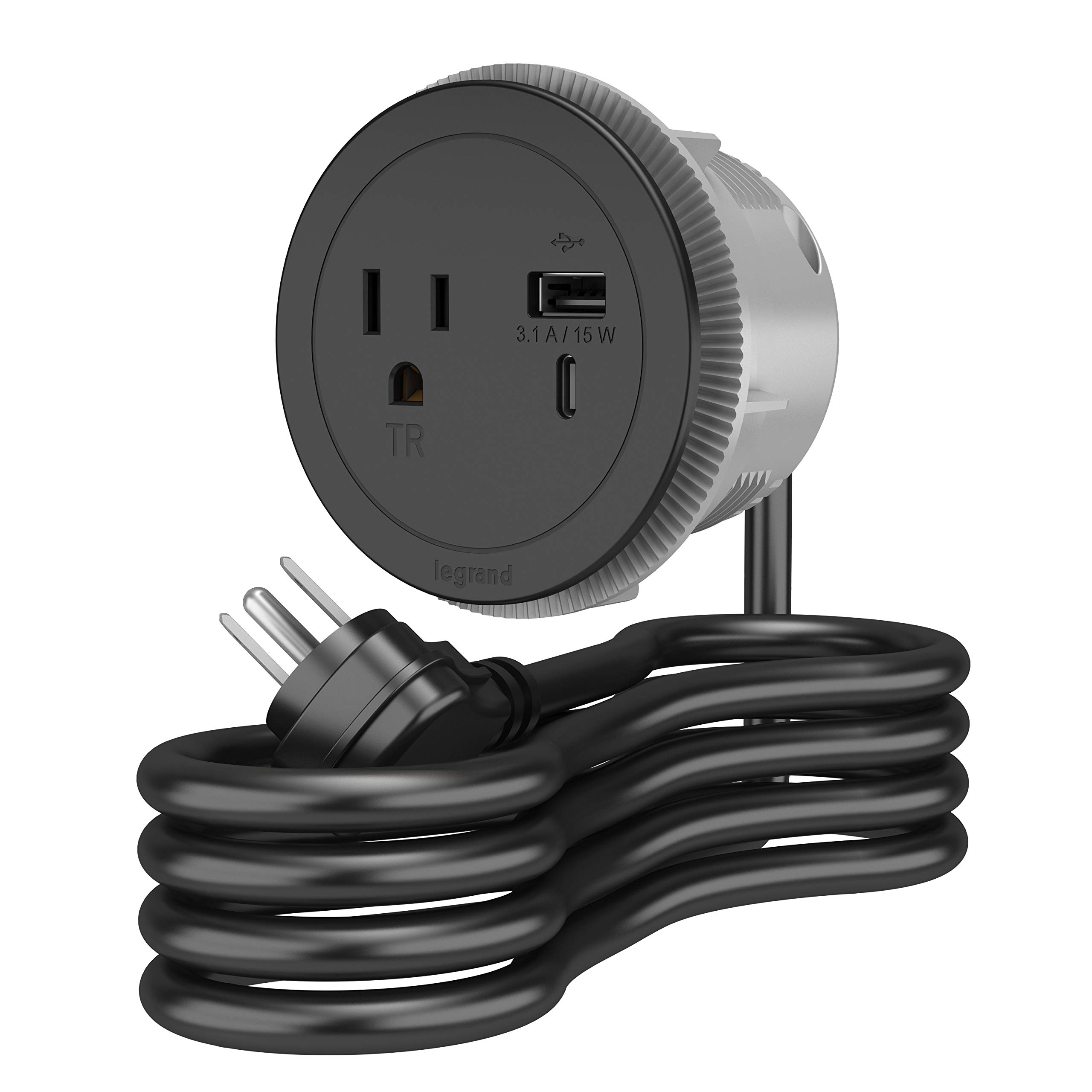 Leground Wiremold RFPCRUAUC-BK Round Furniture Power Center with USB Charging Ports - 1 Outlet & Type A/C USB Ports - 6ft Power Cord - Black - Perfect for Home Office, Living Room & Bedroom Charging Stations