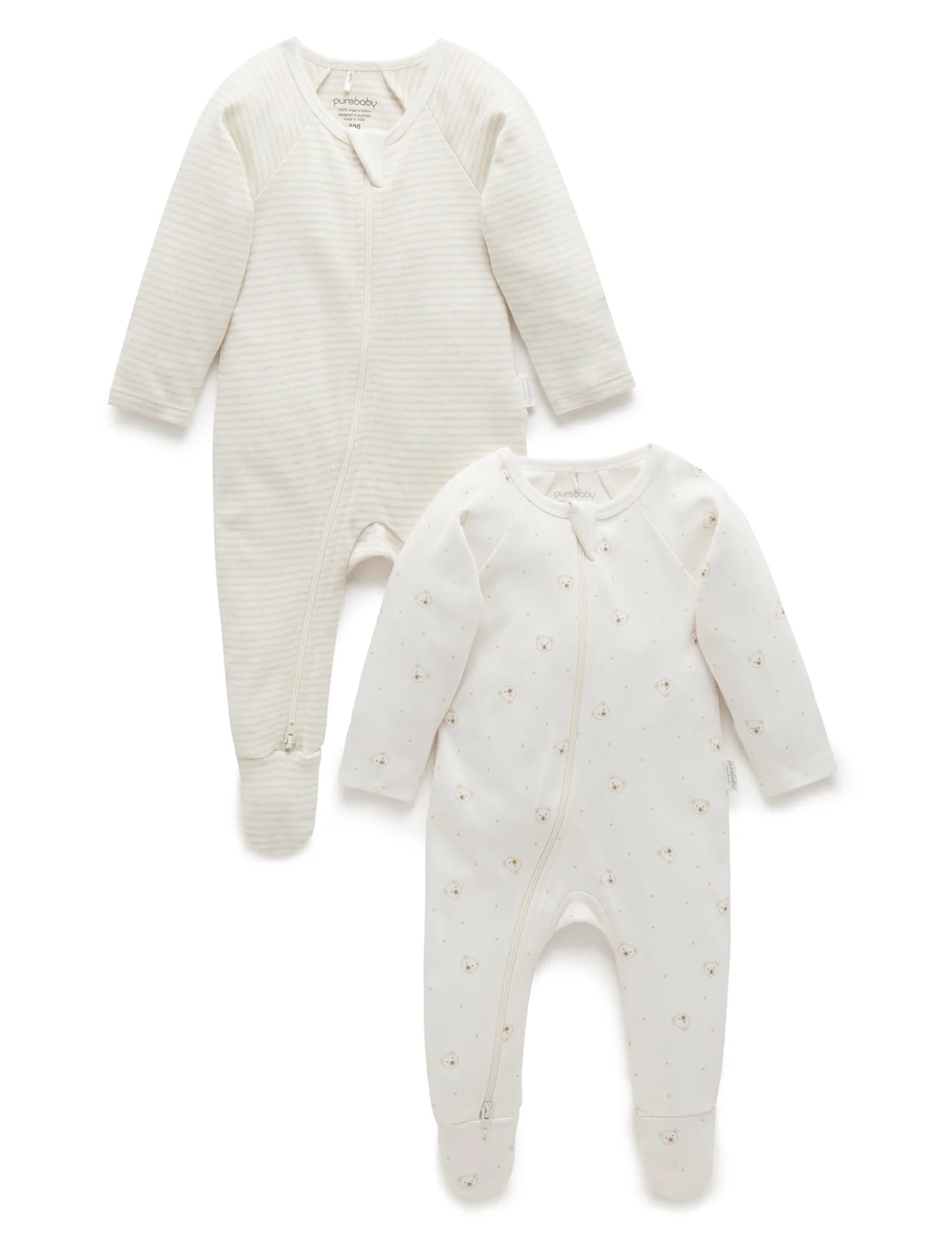 Purebaby Organic Zip Growsuit 2 Pack - Soft Cotton Baby Sleepwear for Boys & Girls (Vanilla Bear Print) - Perfect for Newborns, Infants & Toddlers - Cozy Nursery Wear for Daycare & Bedtime