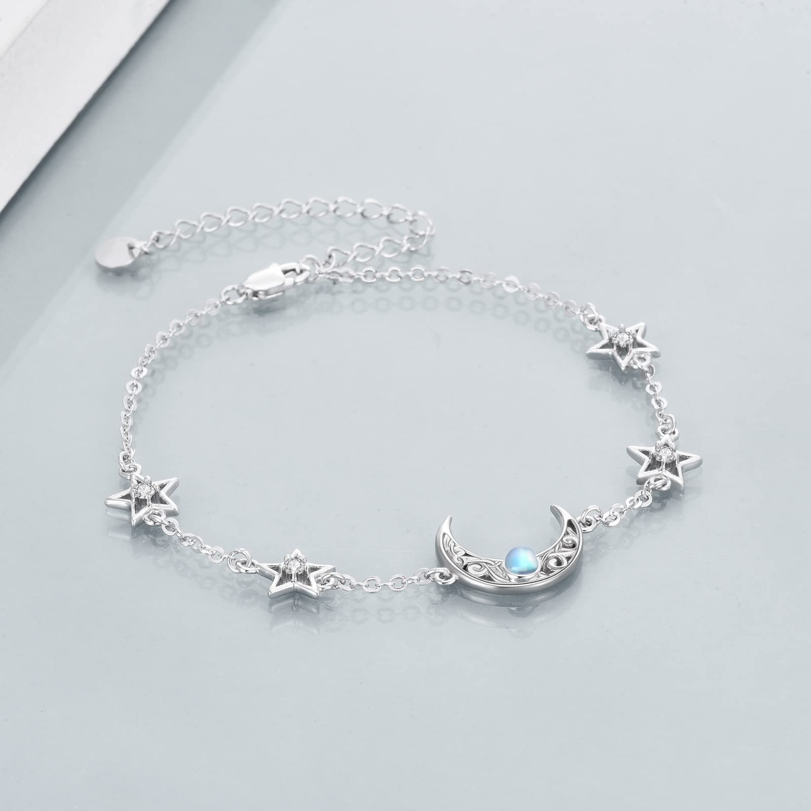 CRMAD Moonstone Sterling Silver Anklet for Women - Moon, Star, Daisy, Turquoise & Rose Flower Charms - Irish Jewelry for Beach, Yoga & Boho Fashion