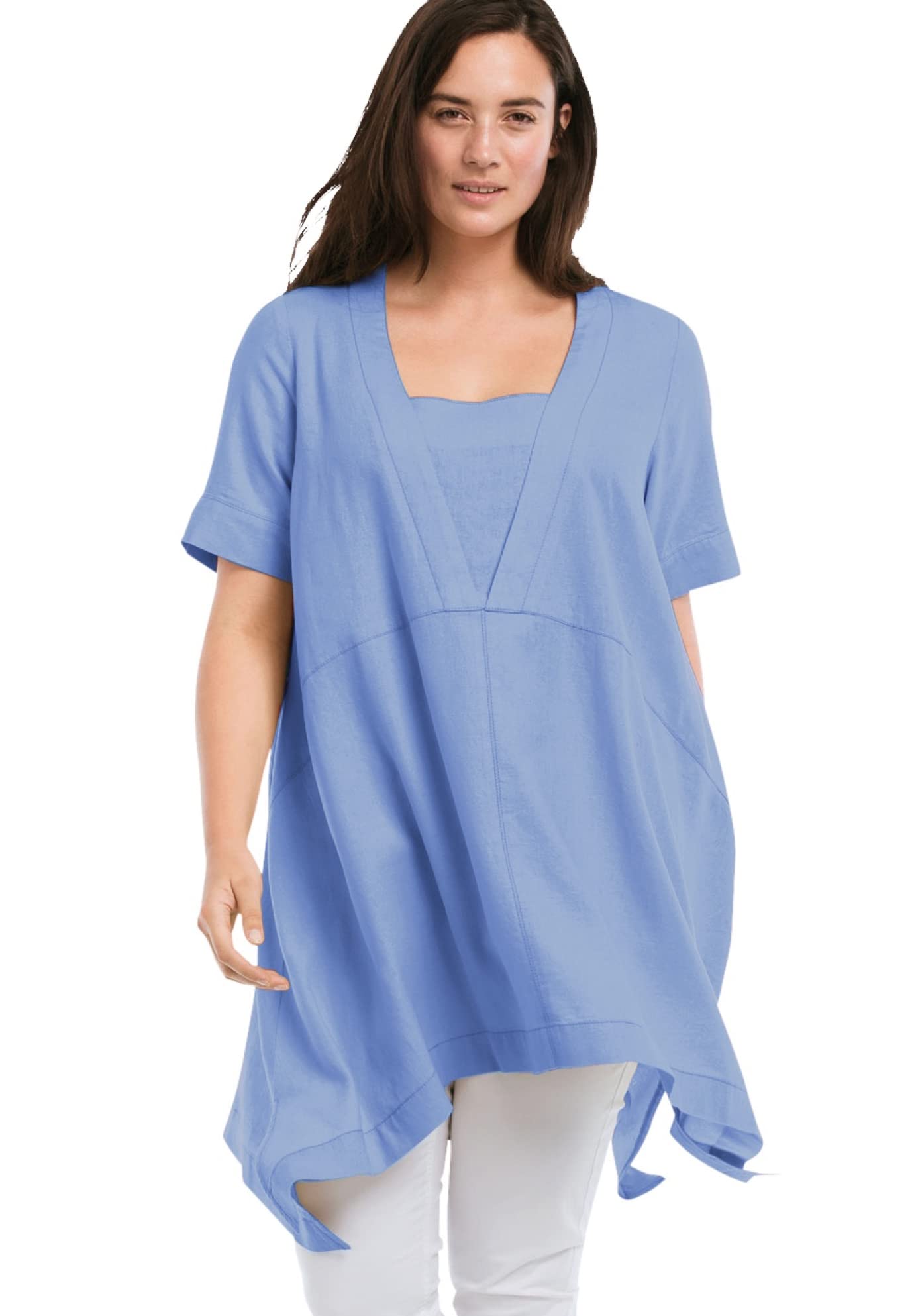 Ellos Women's Plus Size Linen-Blend Hanky Hem Tunic Top - Breathable & Comfortable Summer Blouse for Casual Outings & Beach Wear