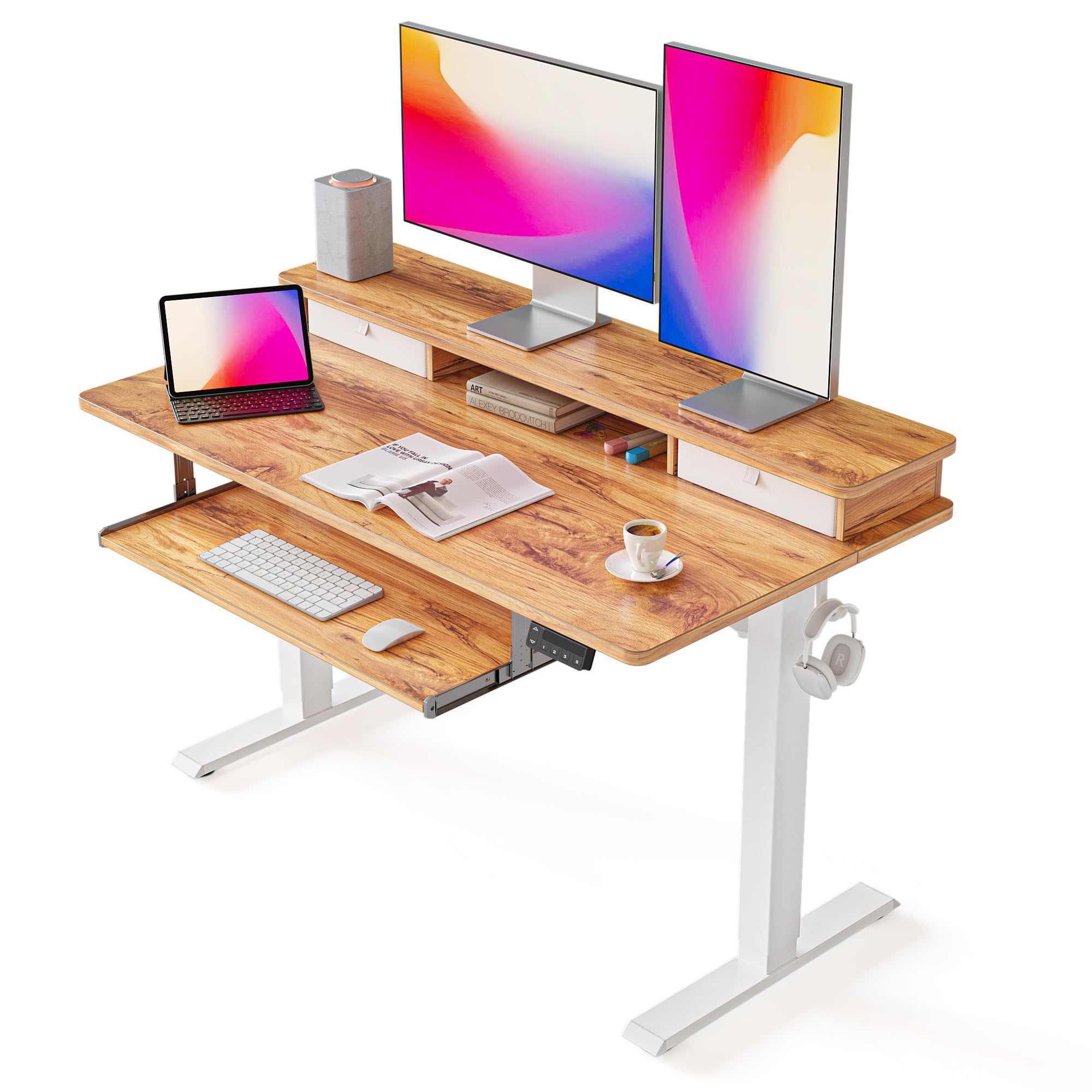 FEZIBO 48x24 Inches Adjustable Standing Desk with Drawers, Keyboard Tray & Storage Shelf - Whole-Piece Light Rustic Design for Home Office, Gaming & Workstation (Sit Stand Desk)