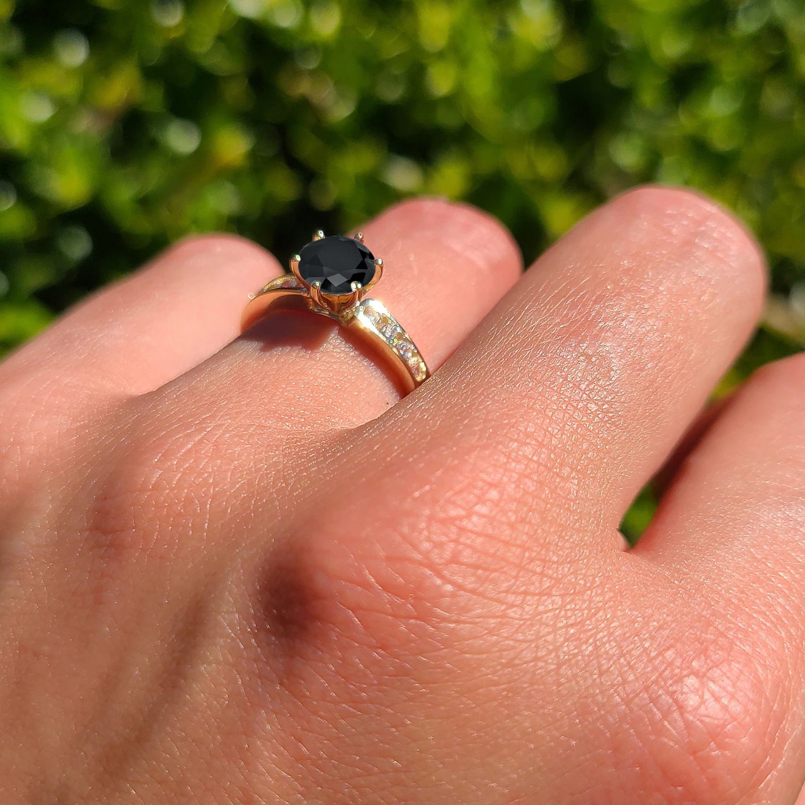 14K Yellow Gold Round Black Cubic Zirconia Cathedral Ring for Women - Elegant Wedding, Engagement & Evening Party Jewelry Gift