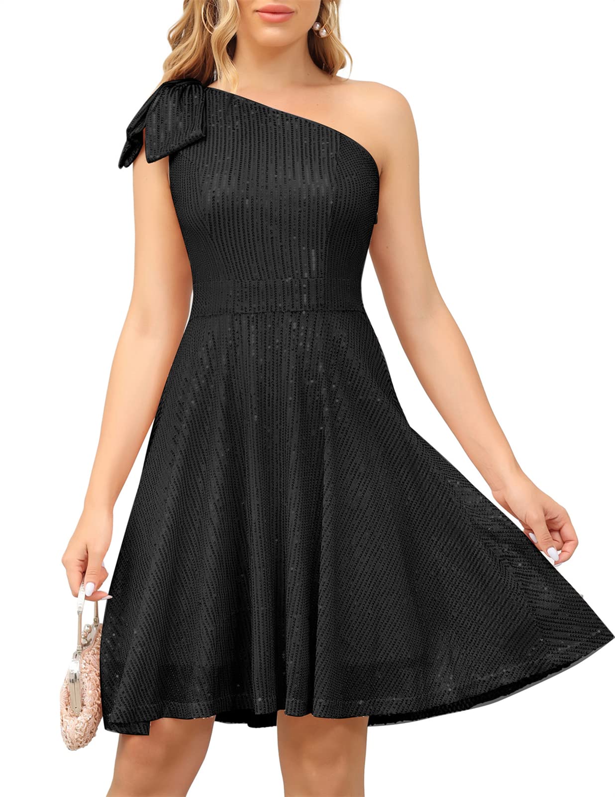 JASAMBAC Women's Elegant Bow One Shoulder Cocktail Dress with Pockets - A-Line Party Dress for Weddings, Date Nights & Special Occasions