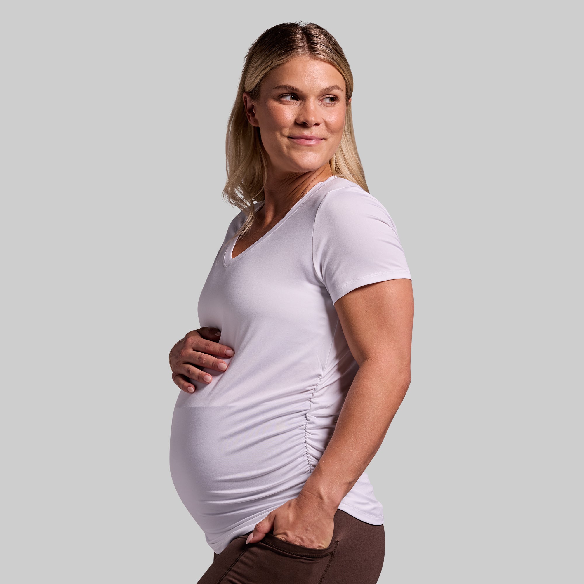 Comfortable Maternity Athleisure Short Sleeve V-Neck T-Shirt for Pregnant Women - Breathable & Stretchy (White) | Perfect for Yoga, Gym & Everyday Wear