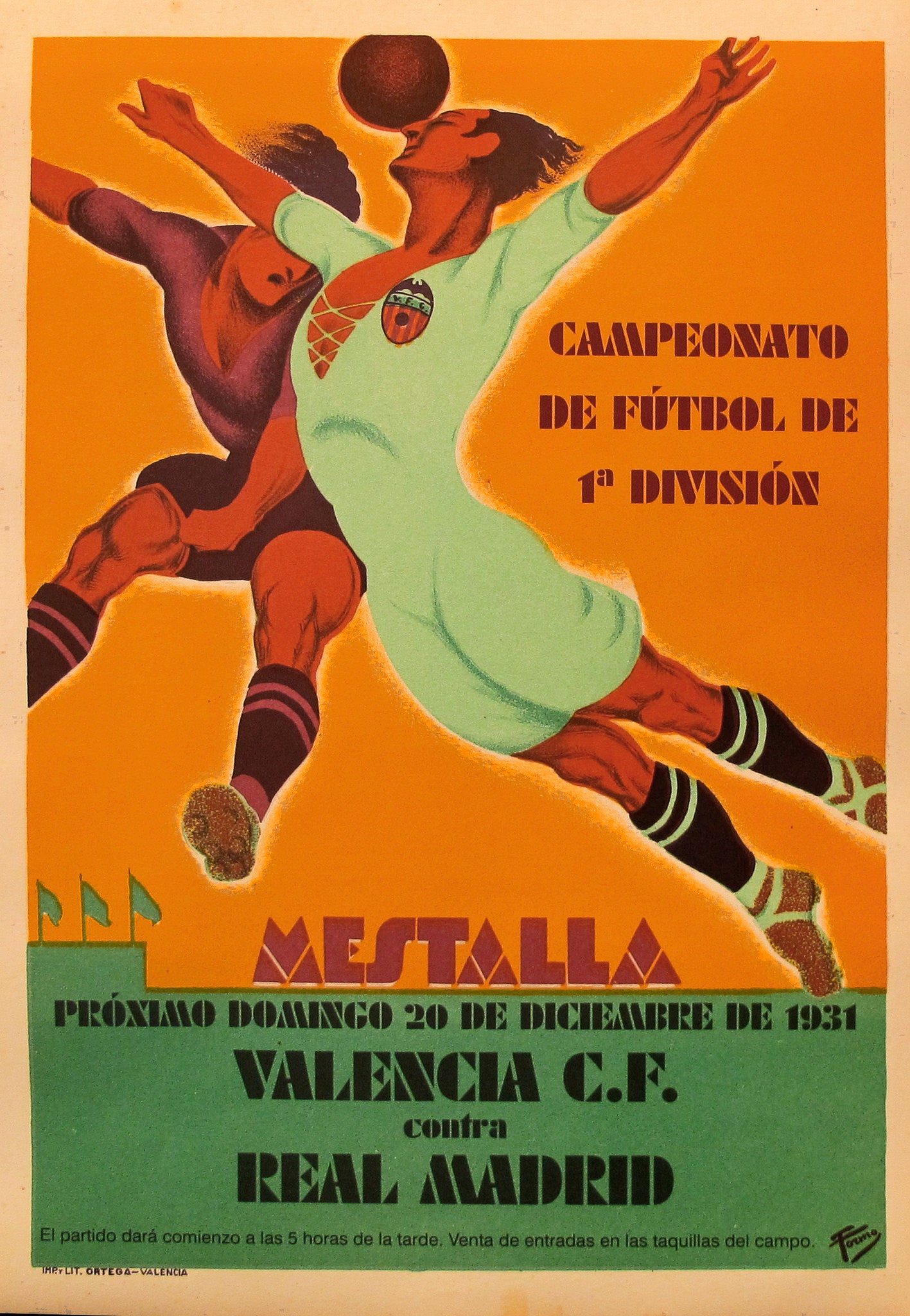 Vintage 1931 Spanish Soccer Poster - Mestalla Stadium, Valencia CF vs Real Madrid Match - Perfect for Football Fans, Sports Memorabilia Collectors & Home Decor