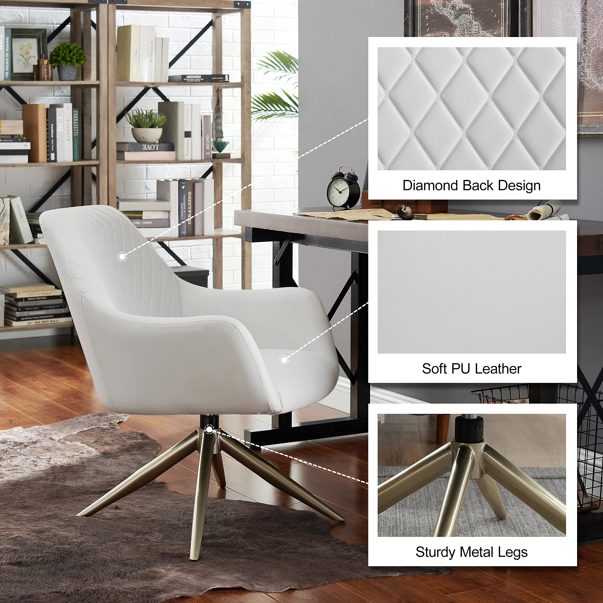 Art Leon Mid Century Modern Swivel Office Desk Chair - No Wheels Faux Leather Accent Armchair for Small Spaces, Bedroom or Home Office - Set of 2 White Chairs - Perfect for Compact Living Rooms, Dormitories & Cozy Workspaces