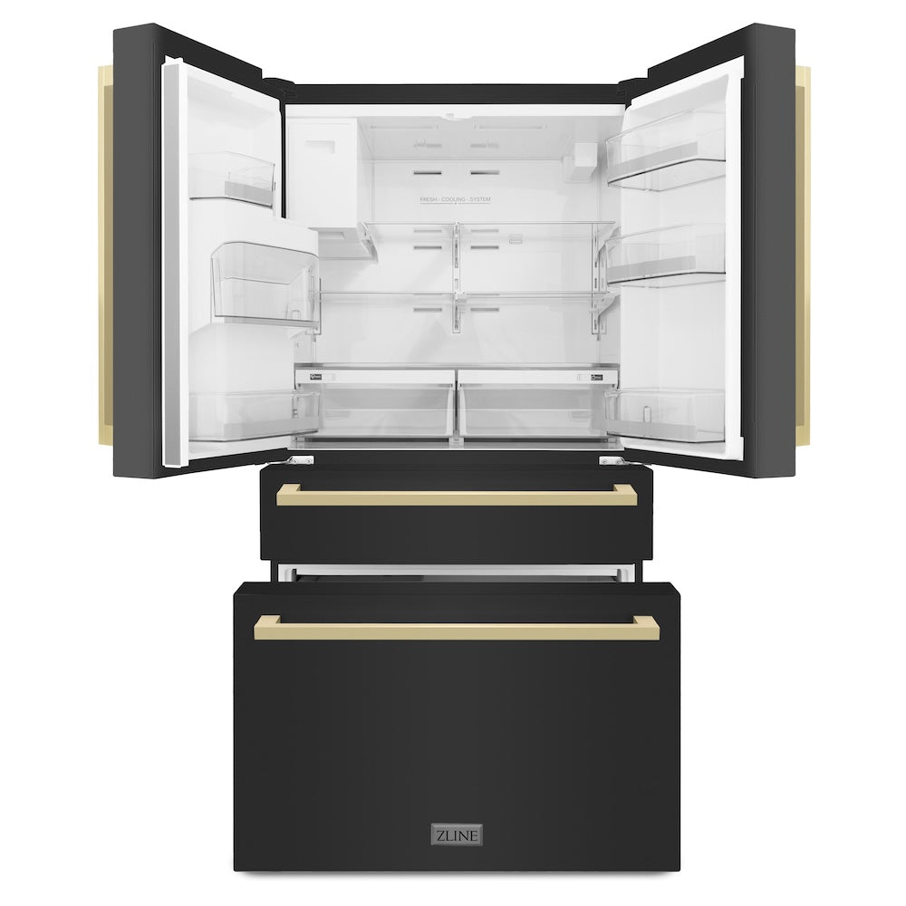 ZLINE Autograph Edition 36 Inch Counter Depth French Door Refrigerator - 21.6 cu.ft Capacity, Fingerprint Resistant Black Stainless Steel with Champagne Bronze Handles, Built-in Water and Ice Dispenser - Perfect for Modern Kitchens and Open-Concept Living Spaces (Model RFMZ W36 BS FCB)
