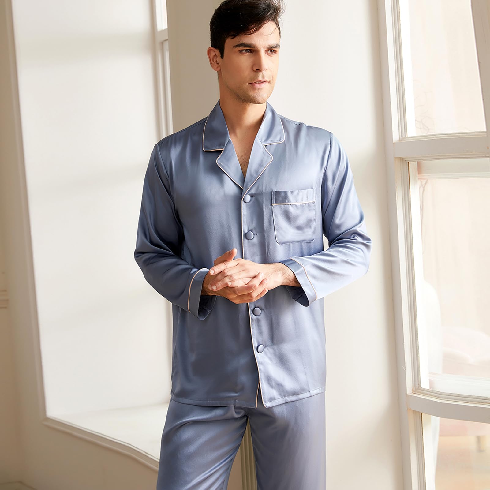 Premium 19 Momme Mulberry Silk Pajama Set for Men - 2-Piece Long Sleeve Luxury Sleepwear | Lightweight & Breathable Silk Pajamas | Perfect for Lounging, Travel & Gift Giving