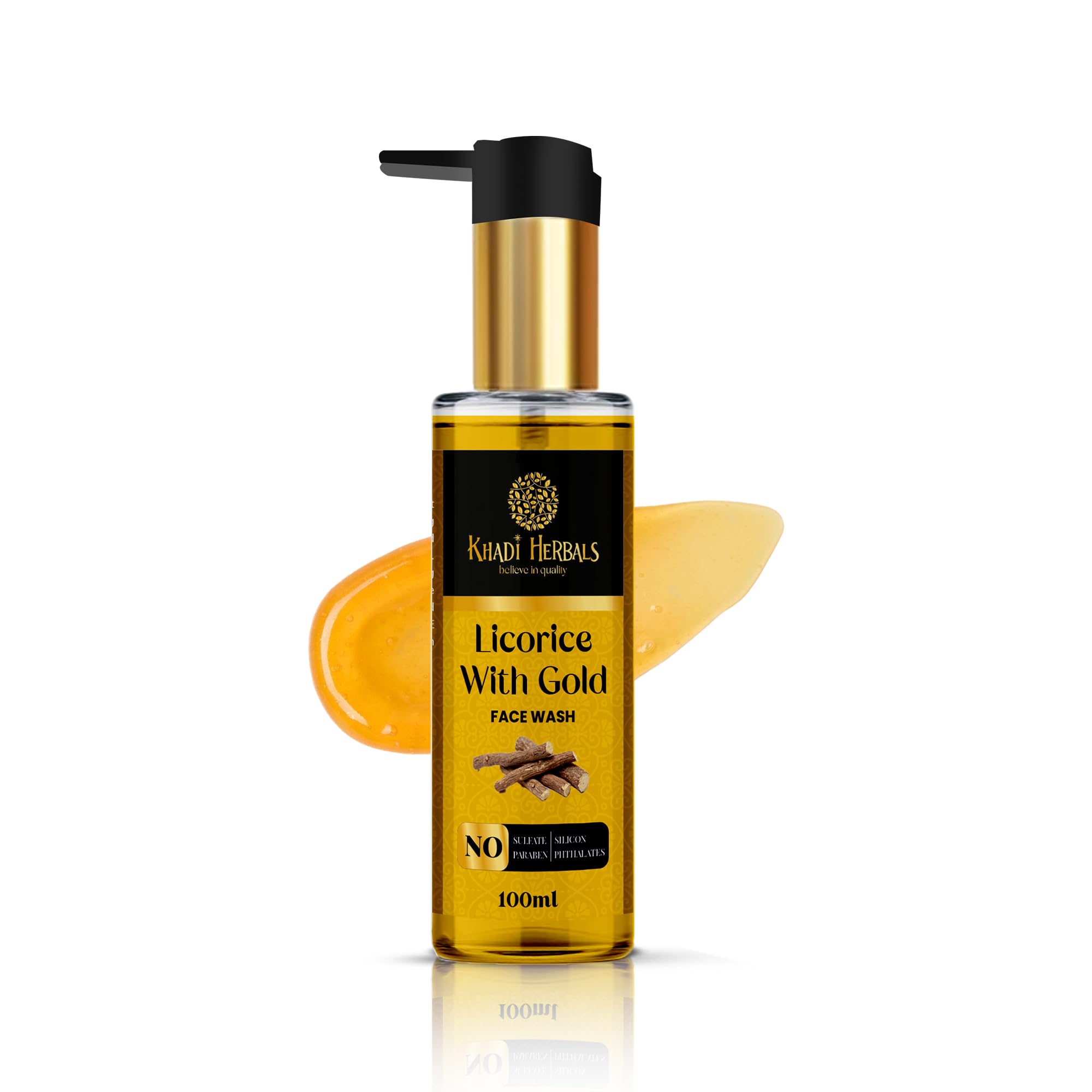 Khadi Herbals Gold with Licorice Face Wash - Brightening & Anti-Aging Facial Cleanser for All Skin Types | Fades Dark Spots & Scars | Sulfate, Paraben & Silicone Free | 100ml | Perfect for Daily Skincare Routine & Glowing Skin