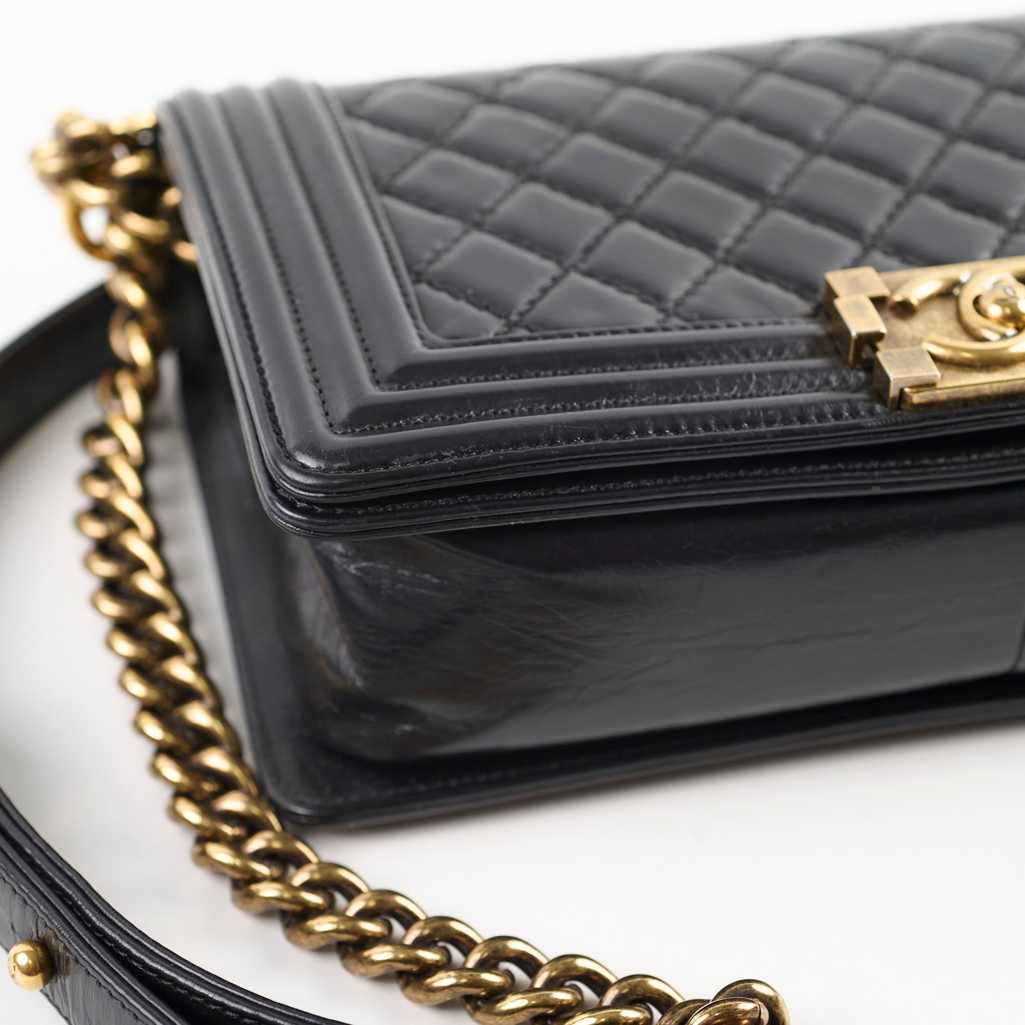 Chanel Old Medium Boy Bag - Shiny Calfskin Leather in Black | 17 Series | Luxury Handbag for Women, Perfect for Evening Events & Special Occasions