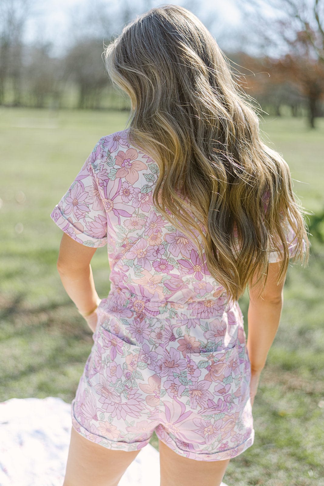 Lavender Floral Denim Romper for Women - Soft Stretch Jumpsuit with Pockets, Summer Casual Outfit for Beach, Picnic & Date Night