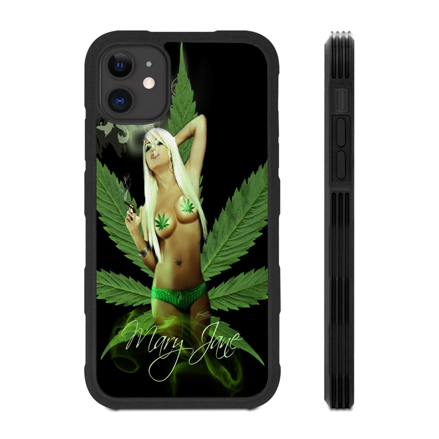 iPhone 12 & 12 Pro Mary Jane Weed Leaf Rubber Protective Case - Black 420 Marijuana Design (6.1 Inch) | Durable Cover for Daily Use & Cannabis Enthusiasts