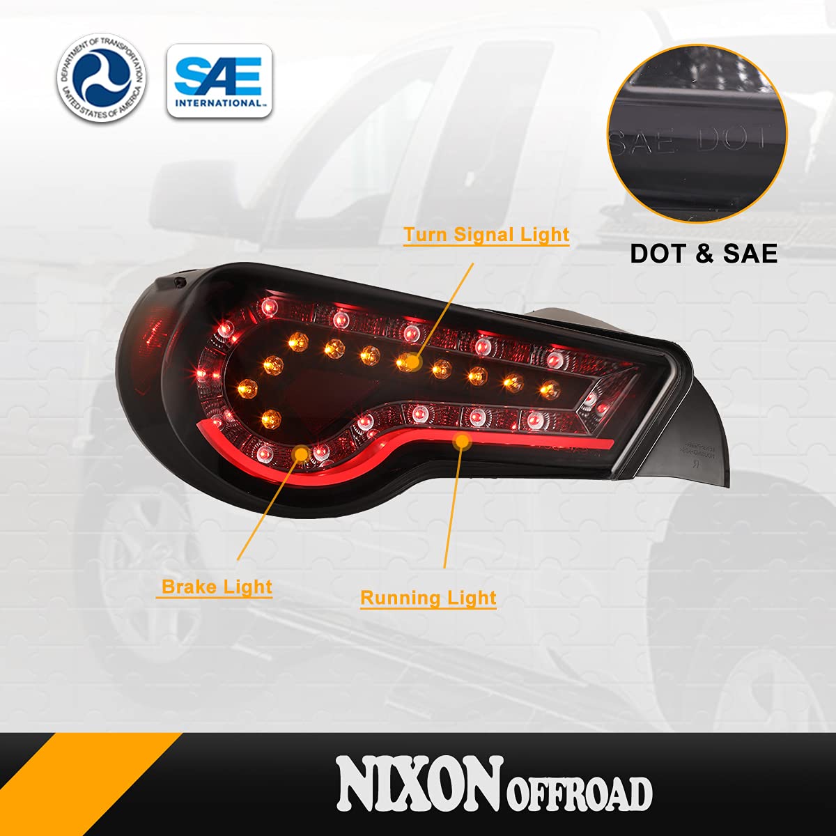 Nixon Offroad LED Tail Lights for Scion FR-S 2013-2016, Toyota 86 & Subaru BRZ 2013-2020 - Sequential Turn Signal, Smoked Lens (Jet Black) - Upgrade Your Car's Style & Safety for Night Driving & Custom Looks