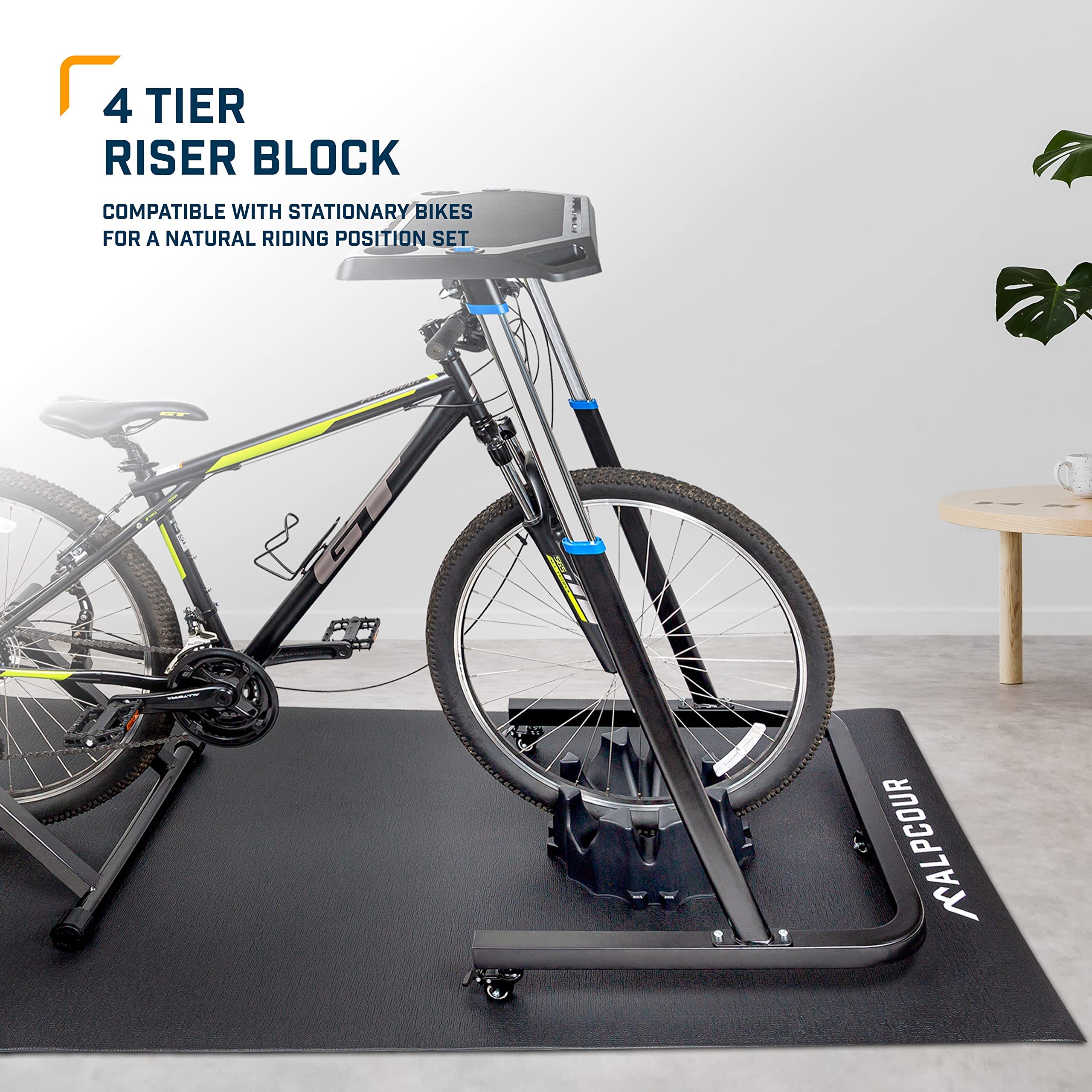Alpcour Indoor Bike Trainer Stand with 36”x78” Exercise Mat & 4-Tier Front Wheel Riser Block - Anti-Skid Design for Home Cycling Workouts, Cardio Training & Winter Riding