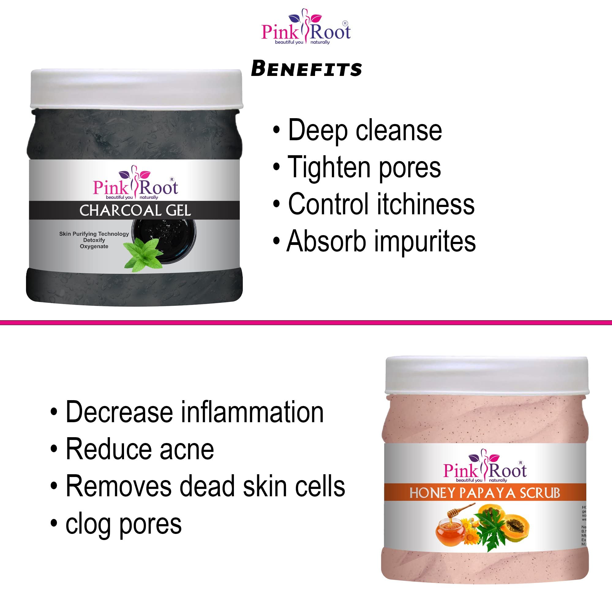 Pink Root Charcoal Gel & Honey Papaya Scrub Set - 500ml Each | Deep Cleansing & Exfoliating Face Wash for Acne & Blackheads | Perfect for Daily Skincare Routine & Spa Day at Home