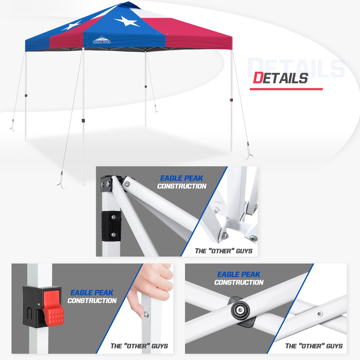 EAGLE PEAK 10x10 ft Pop Up Canopy Tent with Wheeled Carry Bag - Includes 8 Stakes, 4 Ropes & 4 Weight Bags for Easy Setup - 100 sq ft Portable Shade Shelter for Outdoor Events, Camping, Beach & Backyard Parties (Texas Style)