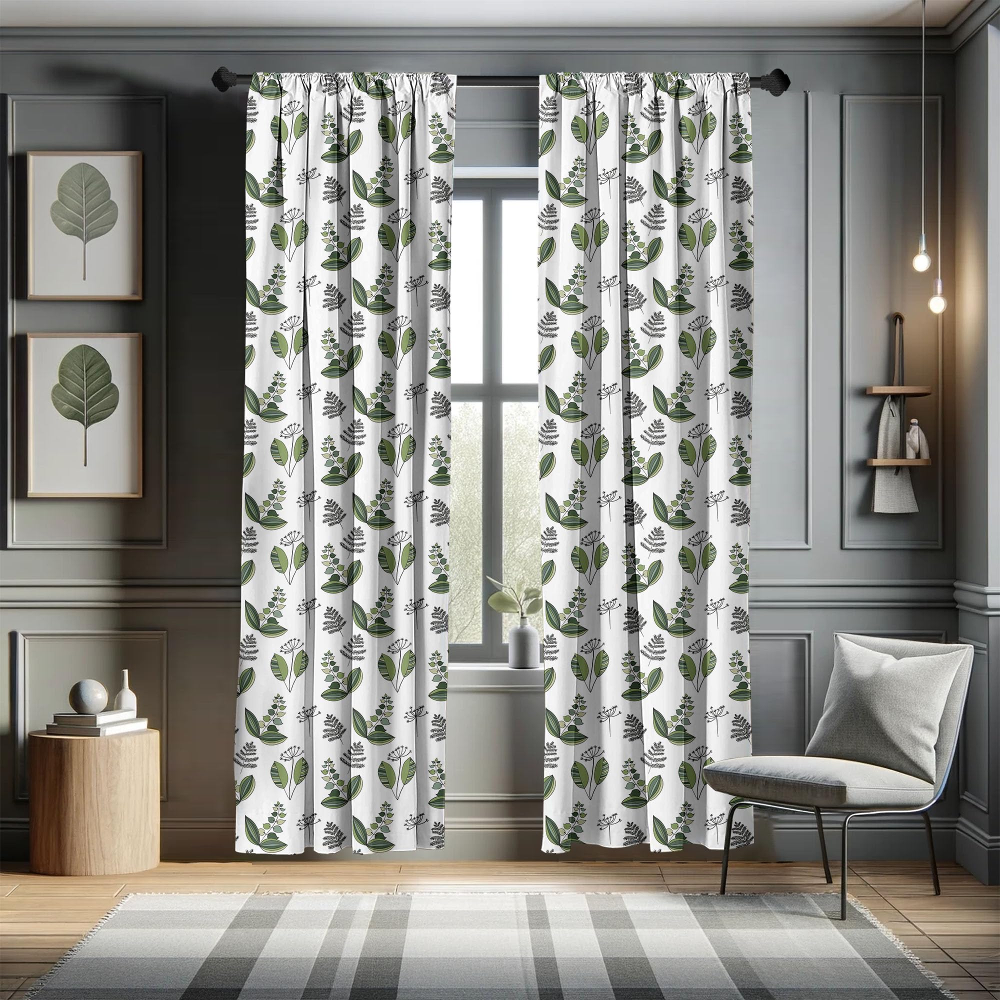 Ambesonne Scandinavian Window Curtains - Lightweight Olive Green & White Floral 2-Panel Set with Rod Pocket, 28