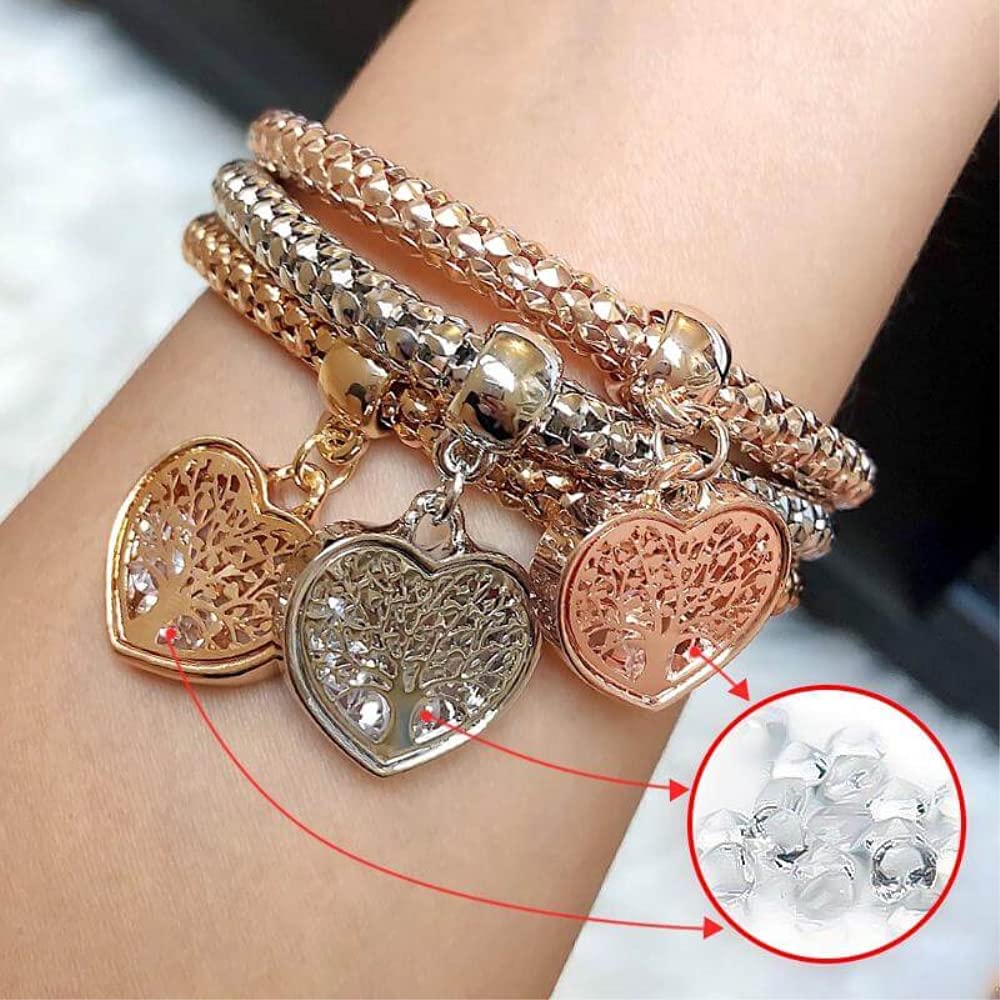 SILANER Crystal Charms Multilayer Bracelets for Women - 3PCS Gold/Silver/Rose Gold Corn Chain Bracelet Set with Tree of Life & Heart Shaped Stretch Bracelet | Elegant Jewelry Gift for Birthday, Anniversary & Everyday Wear