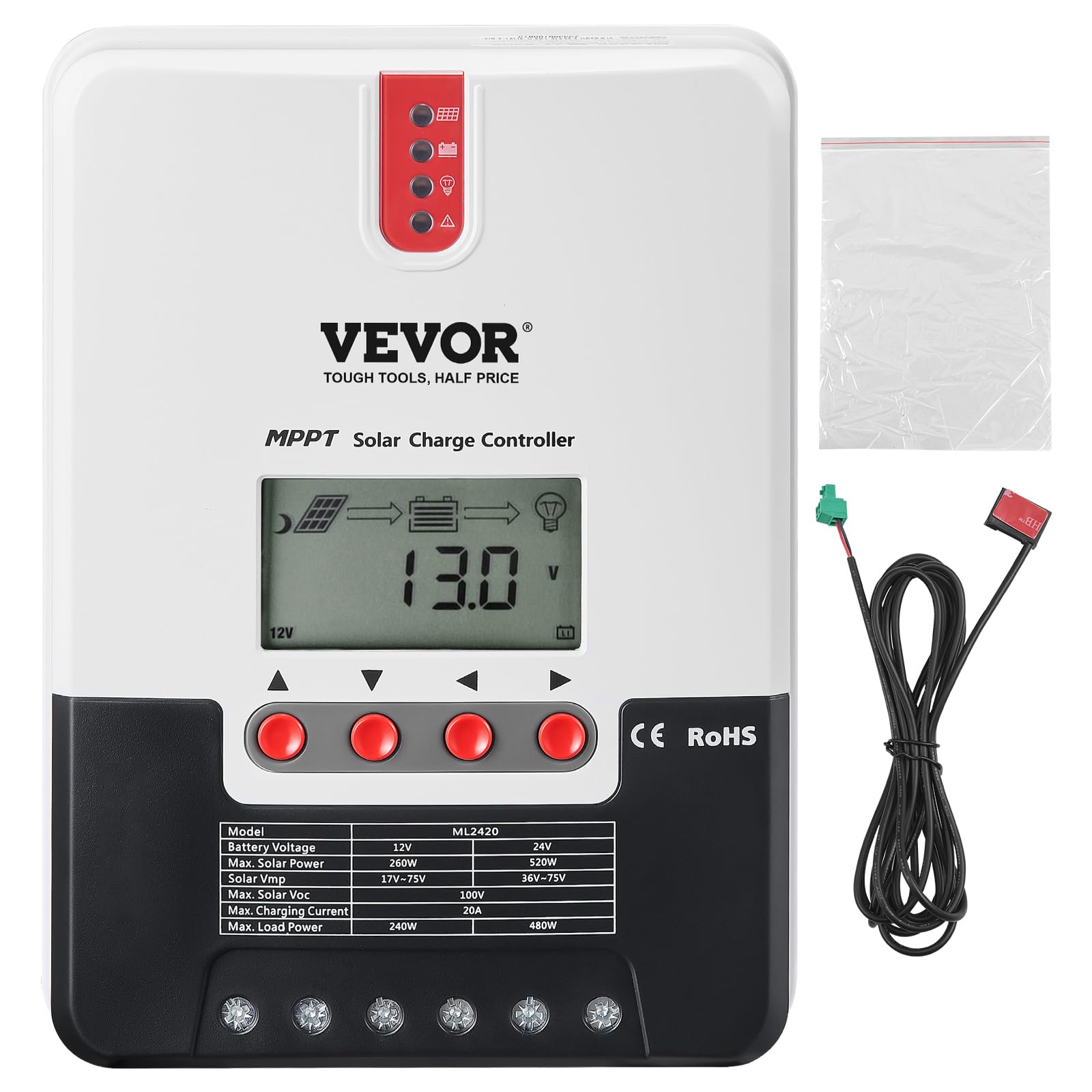 VEVOR 20A MPPT Solar Charge Controller 12V/24V Auto DC Input - LCD Display with Temperature Sensor for AGM, Gel, Flooded & Lithium Batteries - Perfect for RV, Marine, Off-Grid Solar Systems & Home Backup Power
