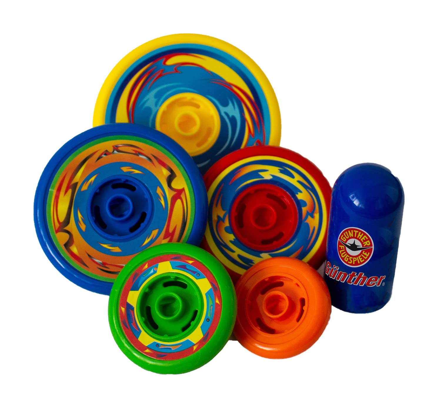 Paul Günther 1560 - Top Spin Skill Game for Kids Ages 3+, Includes 5 Spinning Tops & Launcher (4-8cm Diameter), No Batteries Needed - Fun Family Game for Indoor & Outdoor Play