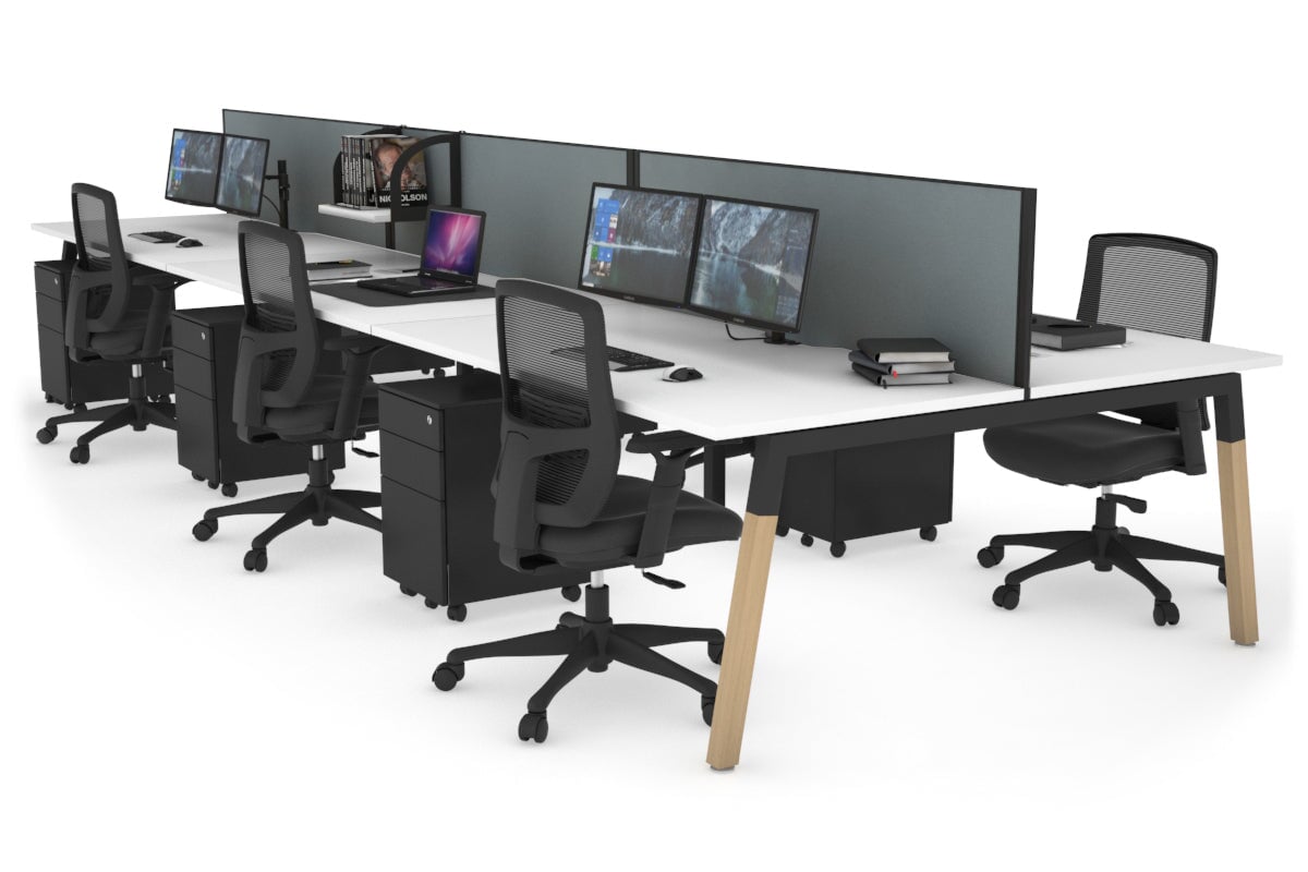 Quadro A Legs 6-Person Office Workstation with Wood Legs & Cross Beam - 1400L x 800W with Cable Management Scallop | Perfect for Collaborative Workspaces, Open Offices & Coworking Environments