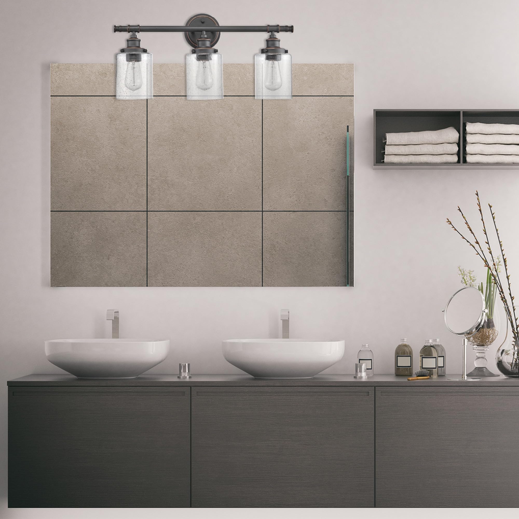 Globe Electric 51415 Camden 5-Piece Bathroom Set - 3 Vanity Lights with Seeded Glass Shades, Towel Bar, Ring, Robe Hook & Toilet Paper Holder in Bronze Finish | Perfect for Modern Bathroom Decor & Vanity Lighting
